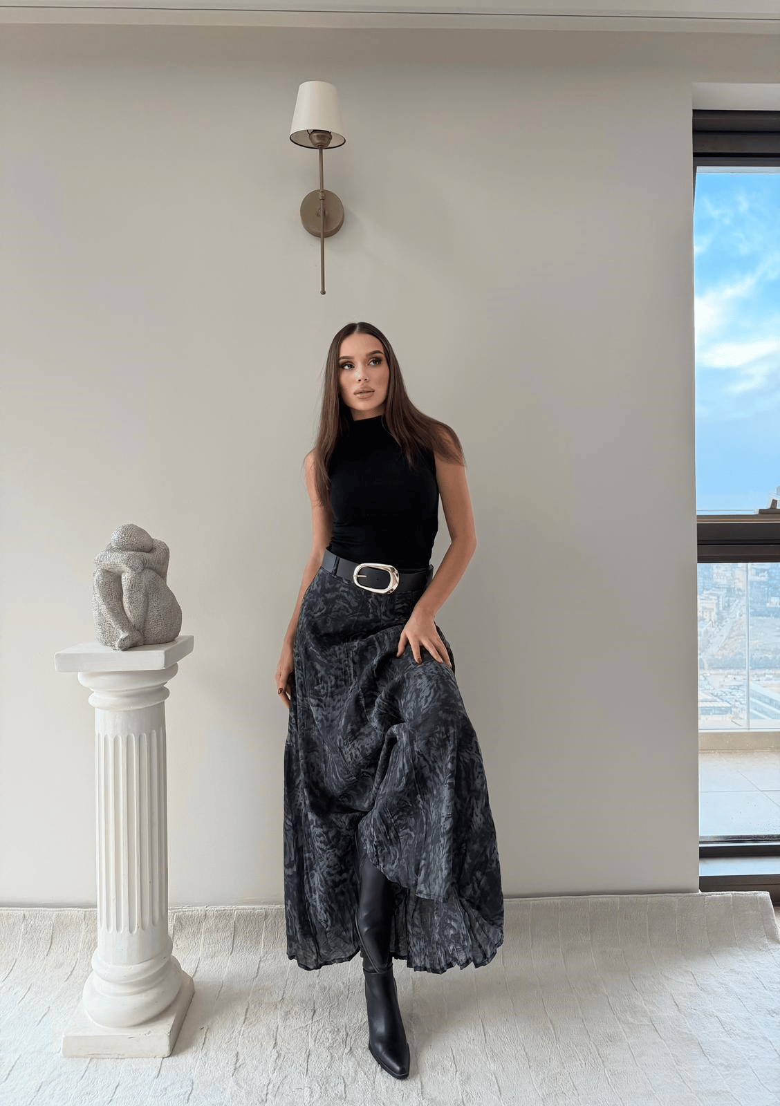 Tül Desenli İç Astarlı Kemer Detay Etek Antrasit