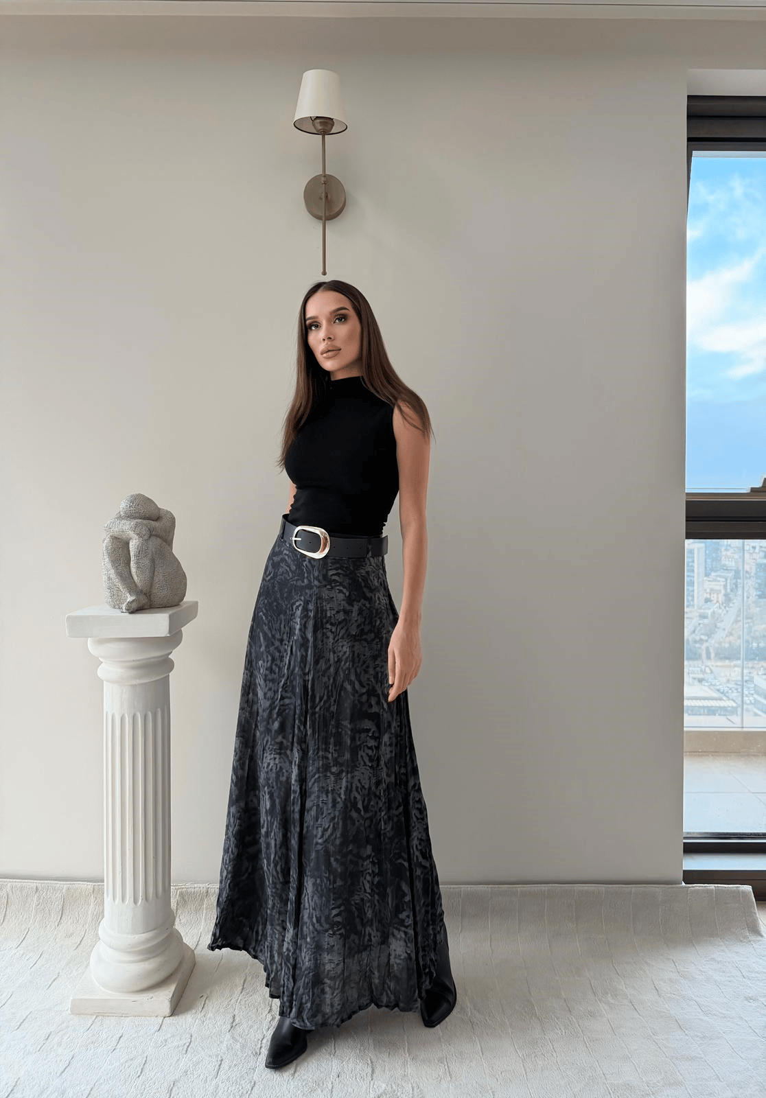 Tül Desenli İç Astarlı Kemer Detay Etek Antrasit