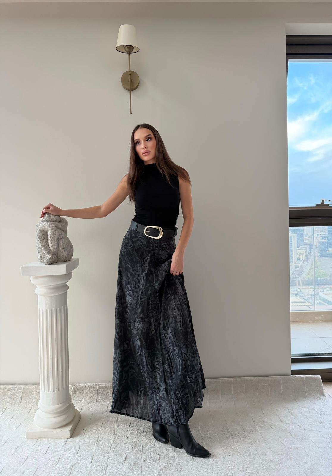 Tül Desenli İç Astarlı Kemer Detay Etek Antrasit