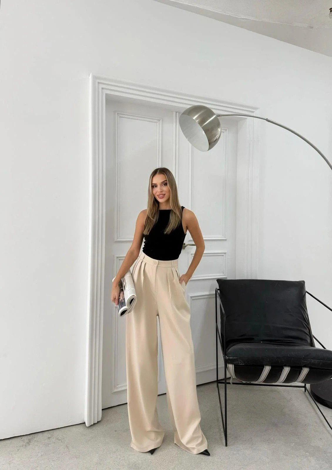 ÜÇ PİLELİ YÜKSEK BEL PALAZZO PANTOLON KREM