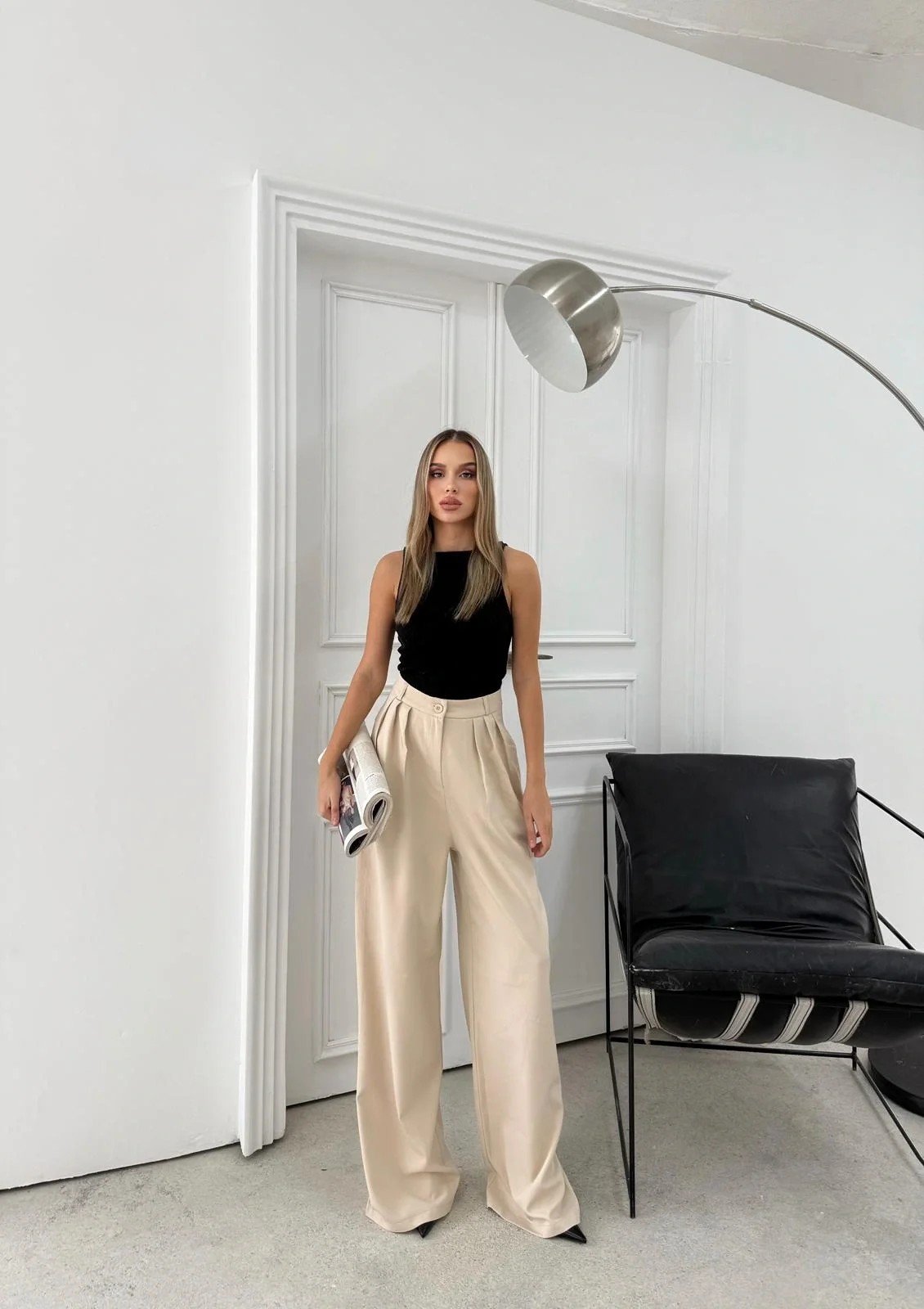 ÜÇ PİLELİ YÜKSEK BEL PALAZZO PANTOLON KREM