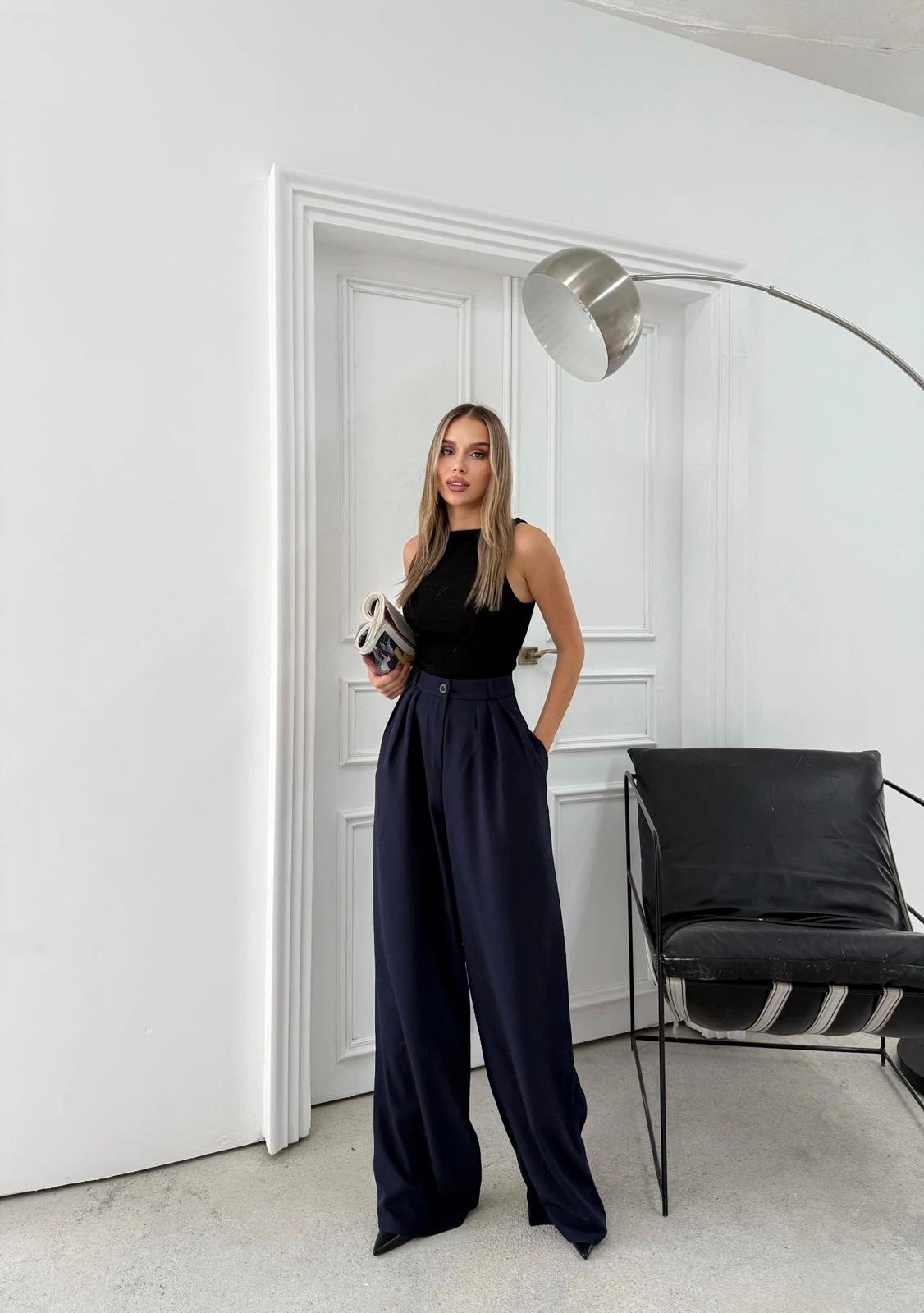 ÜÇ PİLELİ YÜKSEK BEL PALAZZO PANTOLON LACİVERT