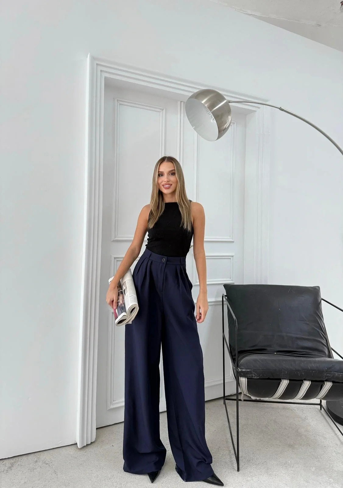 ÜÇ PİLELİ YÜKSEK BEL PALAZZO PANTOLON LACİVERT