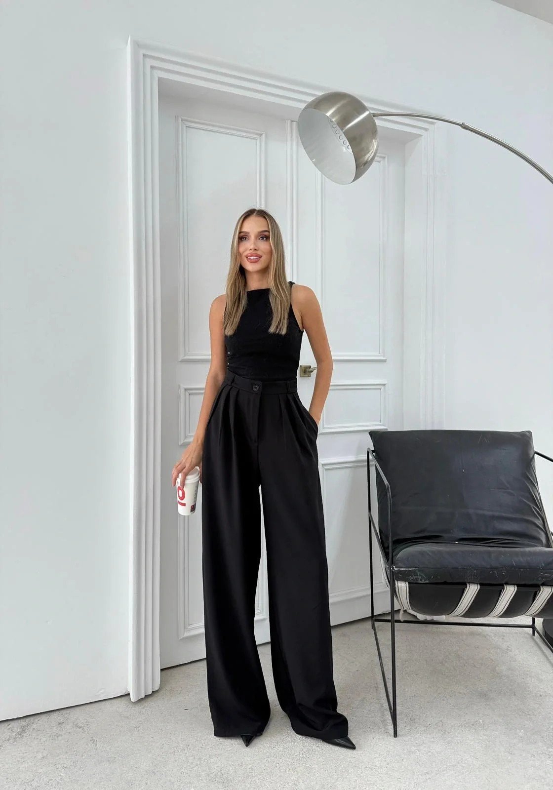 ÜÇ PİLELİ YÜKSEK BEL PALAZZO PANTOLON SİYAH