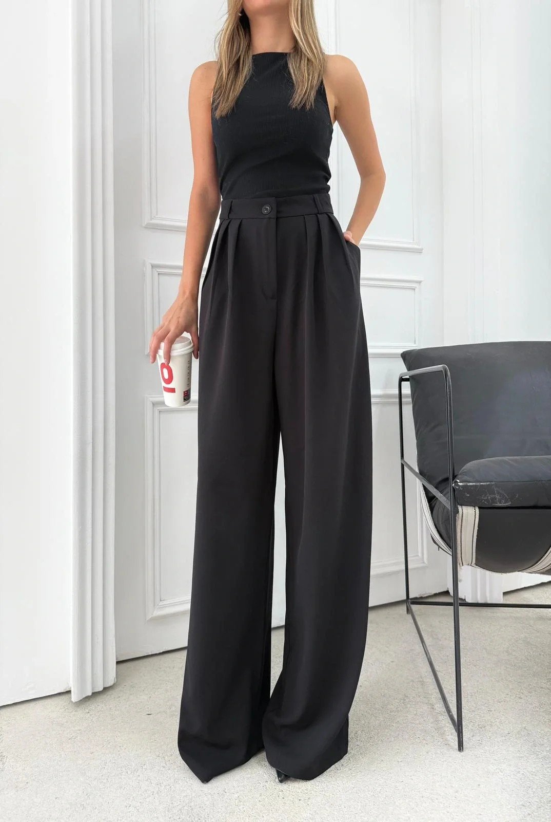 ÜÇ PİLELİ YÜKSEK BEL PALAZZO PANTOLON SİYAH