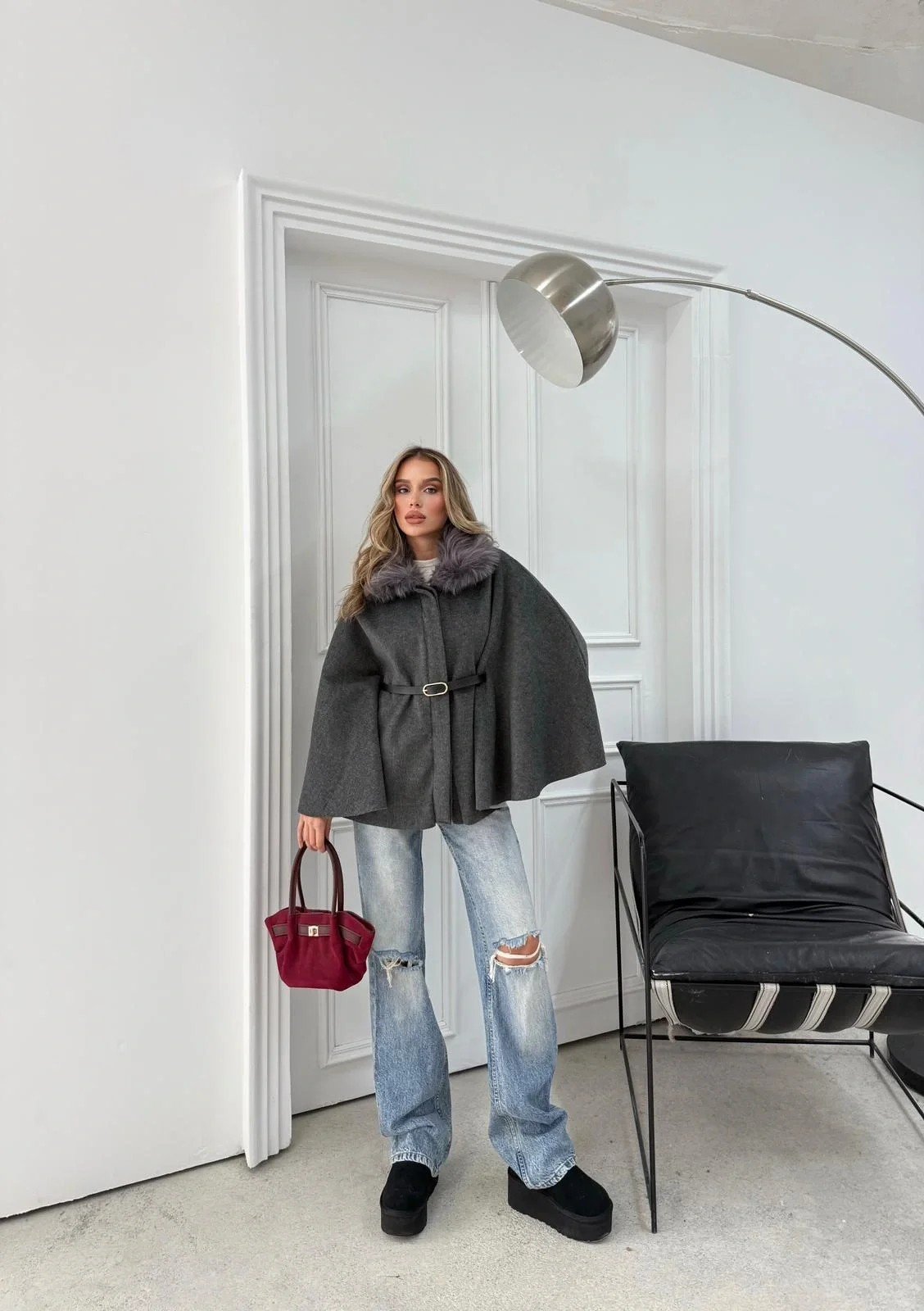 YAKA KÜRK DETAY KEMERLİ KAŞE PANÇO ANTRASİT