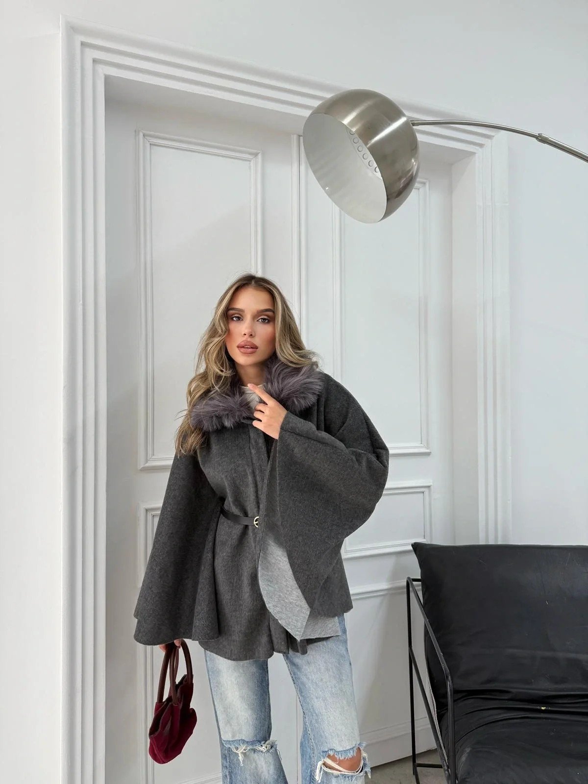 YAKA KÜRK DETAY KEMERLİ KAŞE PANÇO ANTRASİT