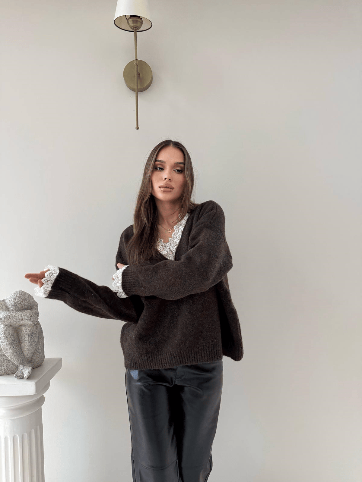 Yaka Ve Kol Dantel Detay Triko Kahve 2042