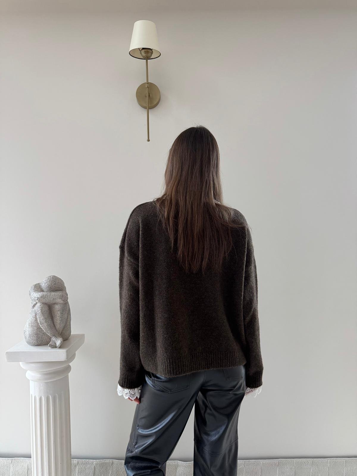 Yaka Ve Kol Dantel Detay Triko Kahve 2042