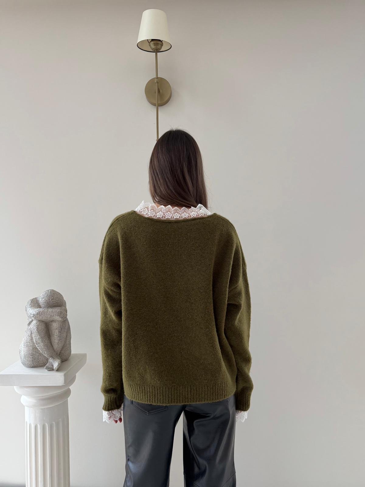 Yaka Ve Kol Dantel Detay Triko Yeşil 2042