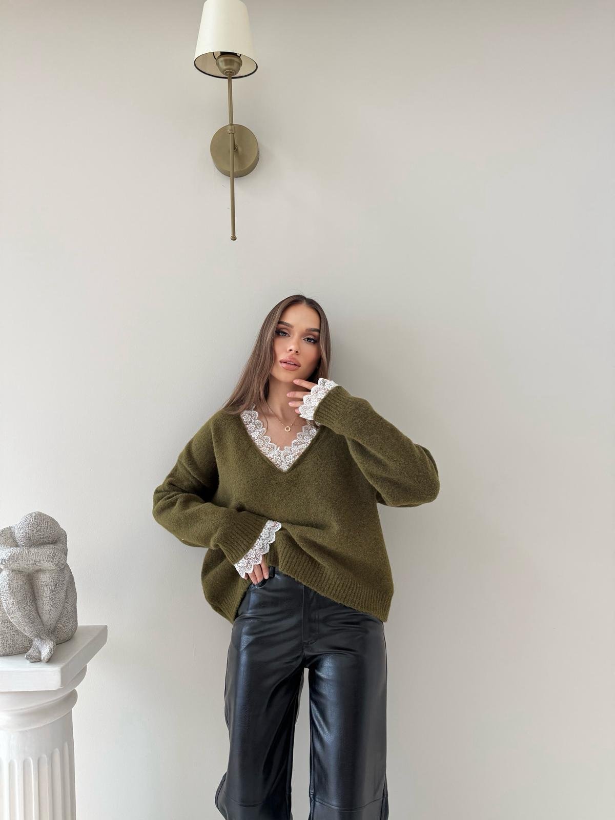 Yaka Ve Kol Dantel Detay Triko Yeşil 2042