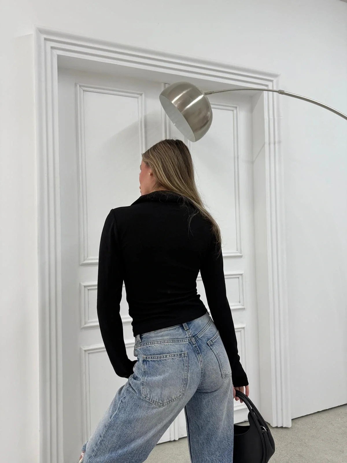 YAKALI ÇITÇITLI PARMAK GEÇMELİ MODAL BLUZ SİYAH