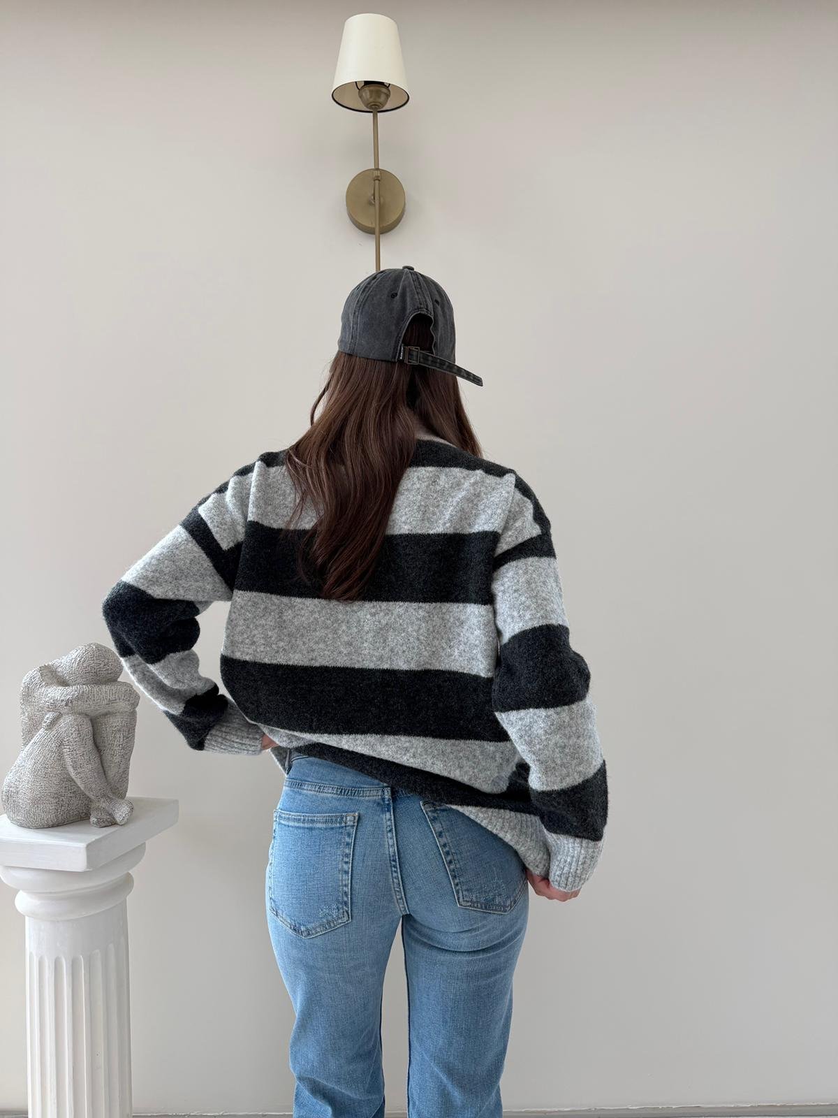 YAKALI KALP NAKIŞ DETAY ÇİZGİLİ SALAŞ KAZAK ANTRASİT