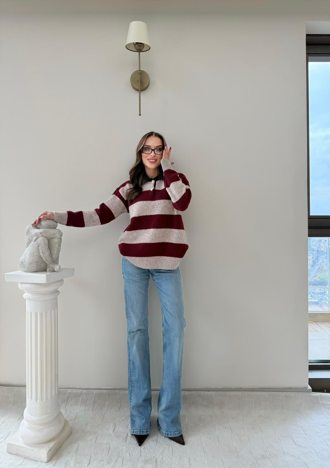 YAKALI KALP NAKIŞ DETAY ÇİZGİLİ SALAŞ KAZAK BORDO