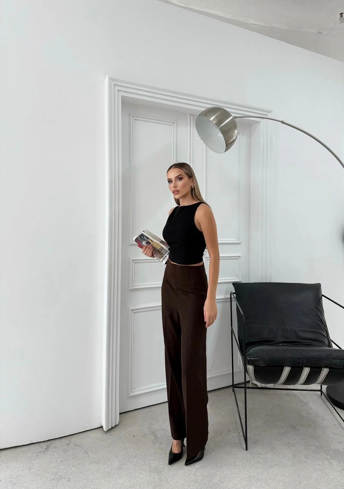 YÜKSEK BEL BİLEK BOY KUMAŞ PANTOLON KAHVE