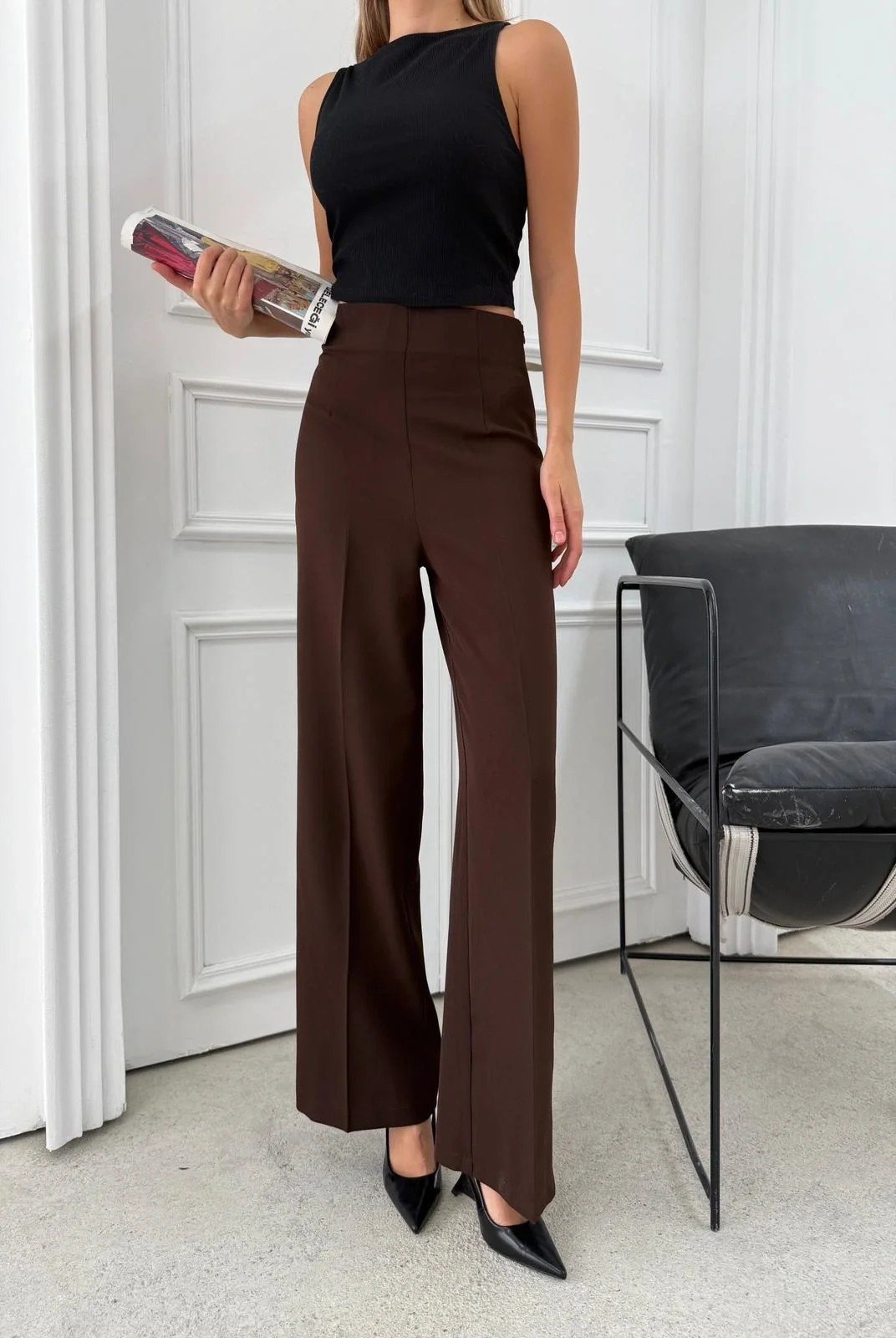 YÜKSEK BEL BİLEK BOY KUMAŞ PANTOLON KAHVE