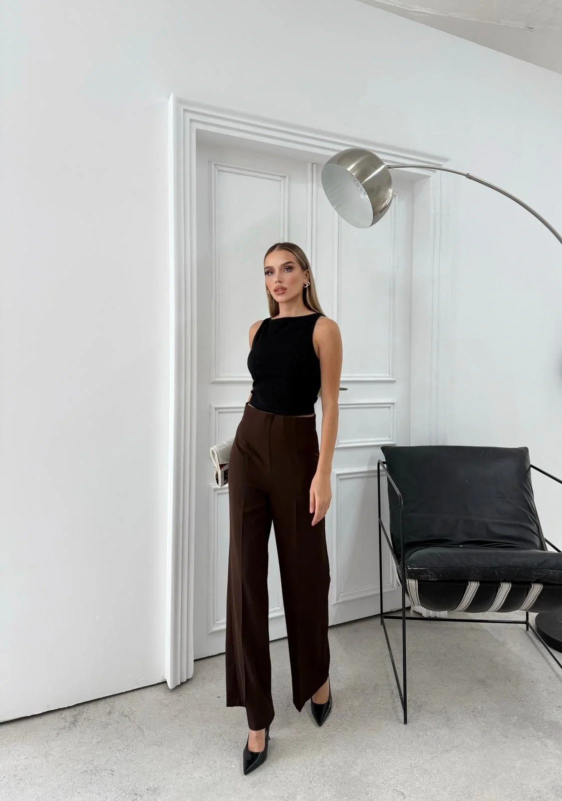 YÜKSEK BEL BİLEK BOY KUMAŞ PANTOLON KAHVE