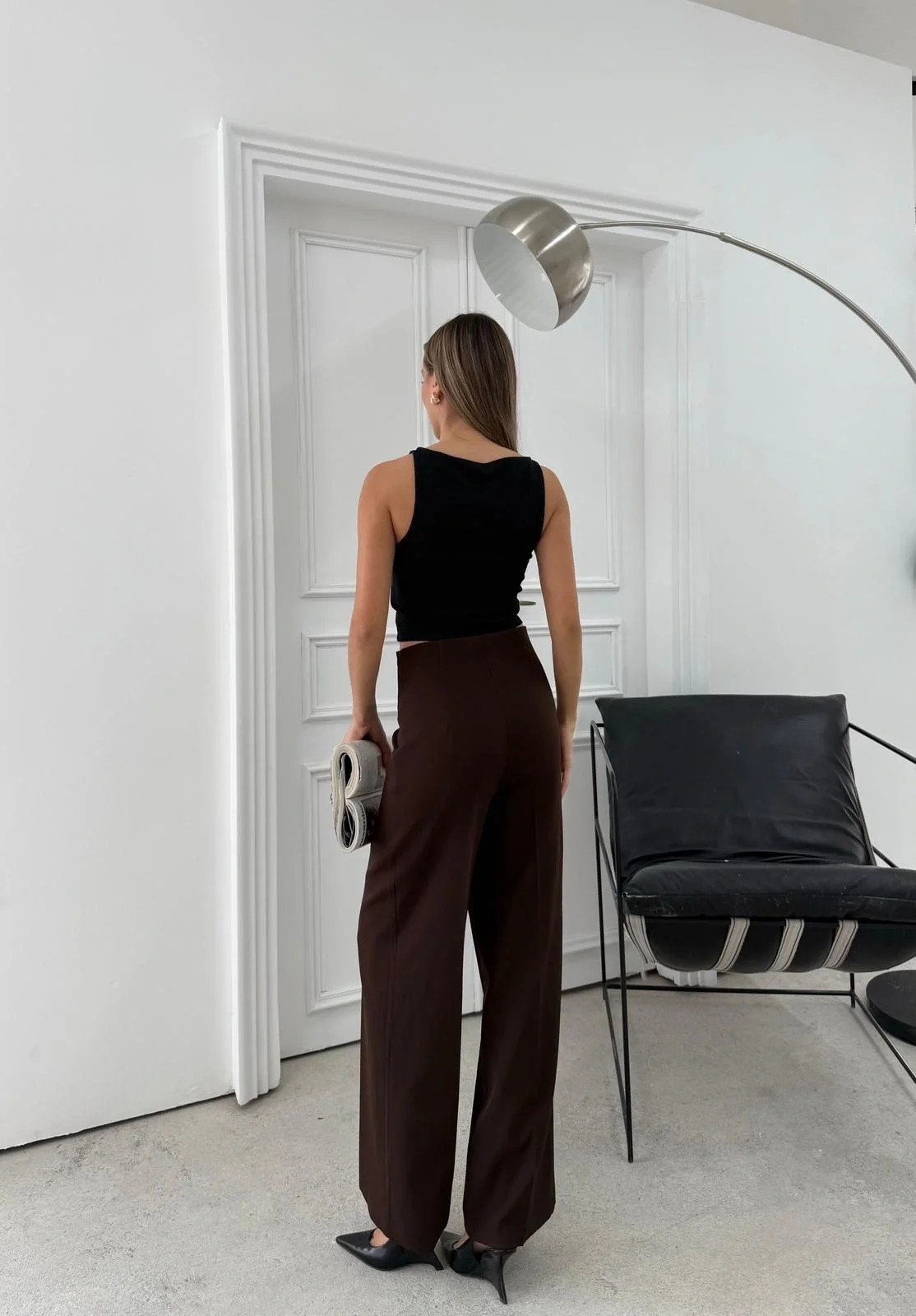 YÜKSEK BEL BİLEK BOY KUMAŞ PANTOLON KAHVE