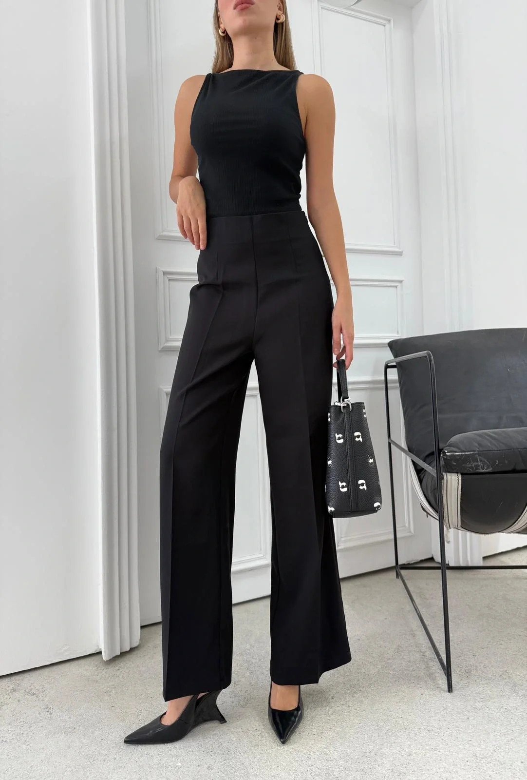 YÜKSEK BEL BİLEK BOY KUMAŞ PANTOLON SİYAH