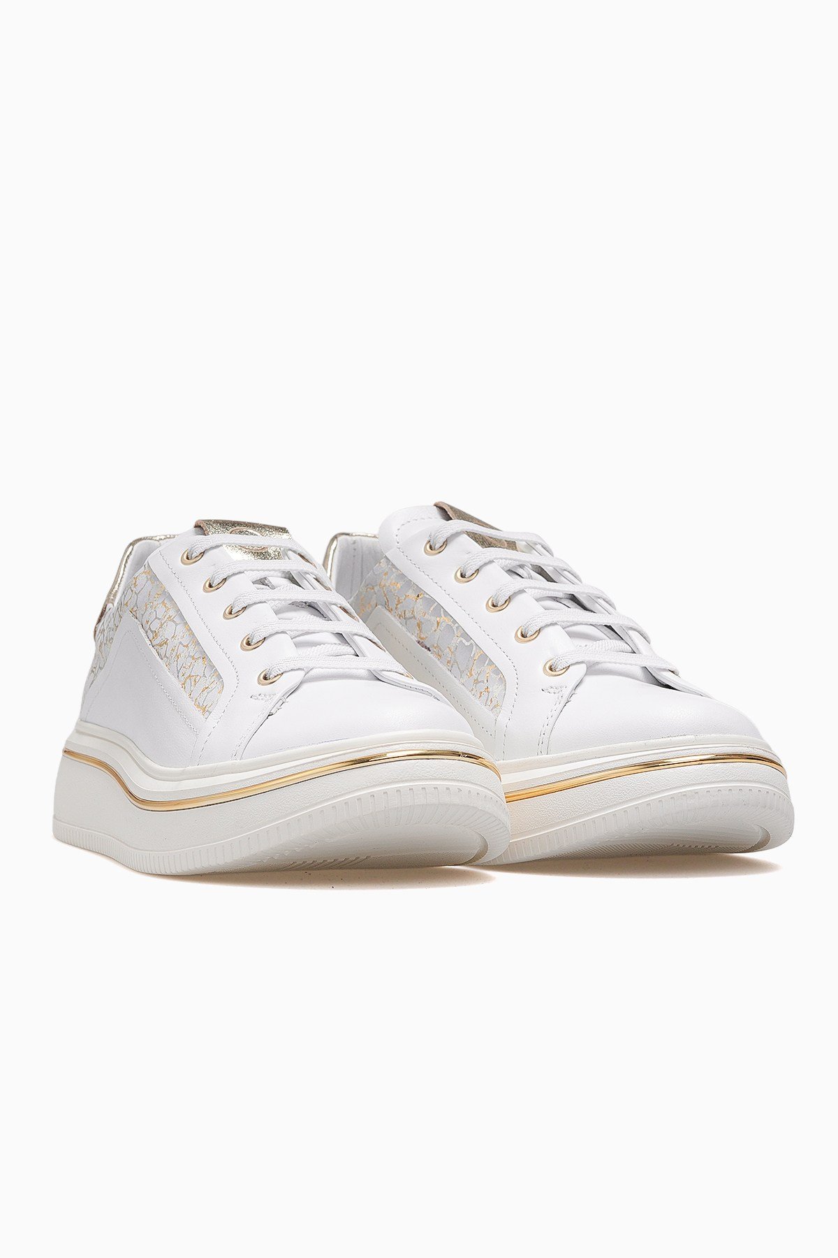 Kadın Deri Günlük Sneaker Ayakkabı D26YA-3885-Beyaz - Altın