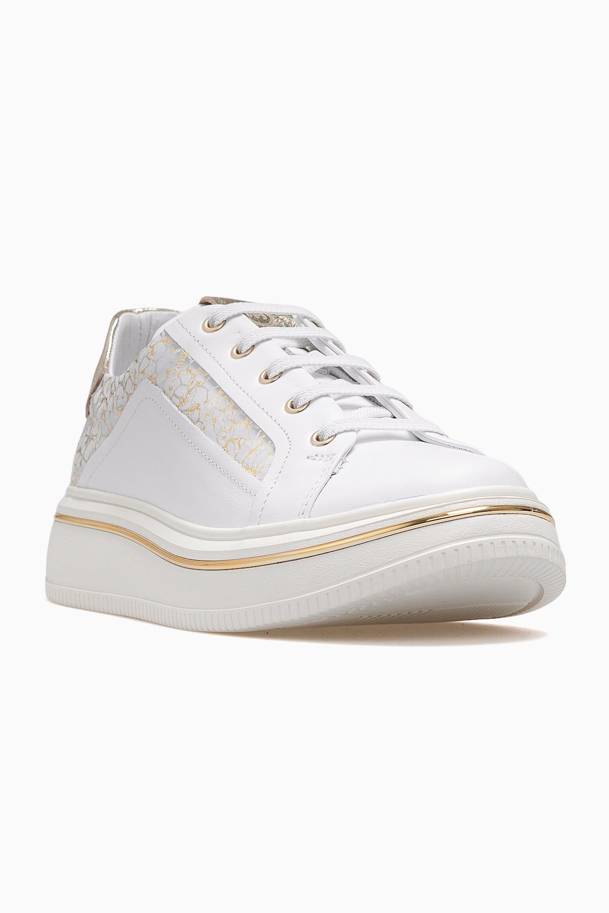 Kadın Deri Günlük Sneaker Ayakkabı D26YA-3885-Beyaz - Altın