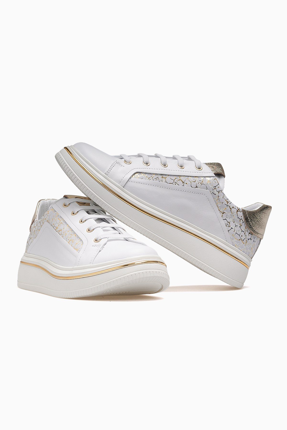 Kadın Deri Günlük Sneaker Ayakkabı D26YA-3885-Beyaz - Altın