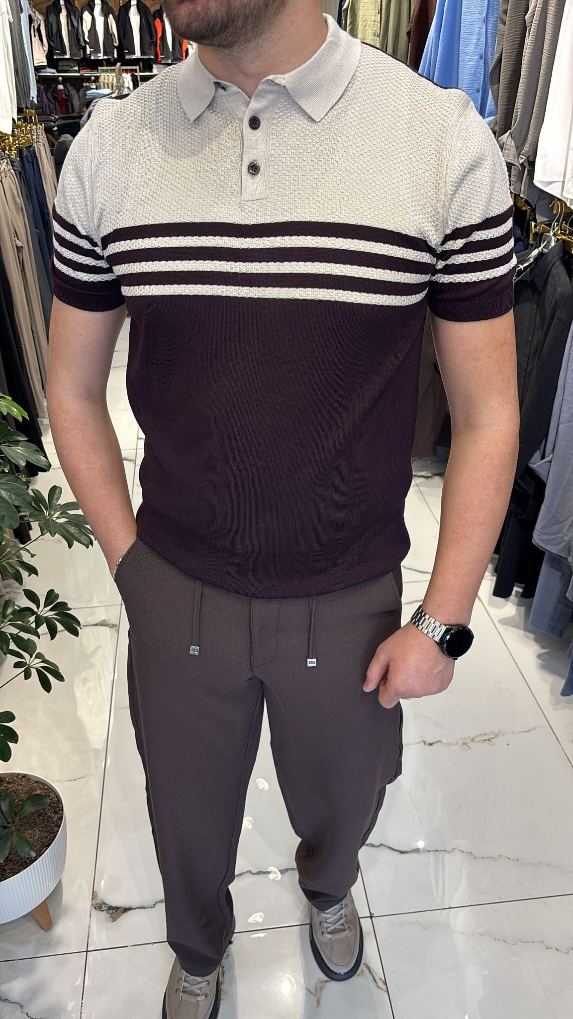 BEJ-MÜRDÜM ÇİZGİLİ TRİKO T-SHIRT