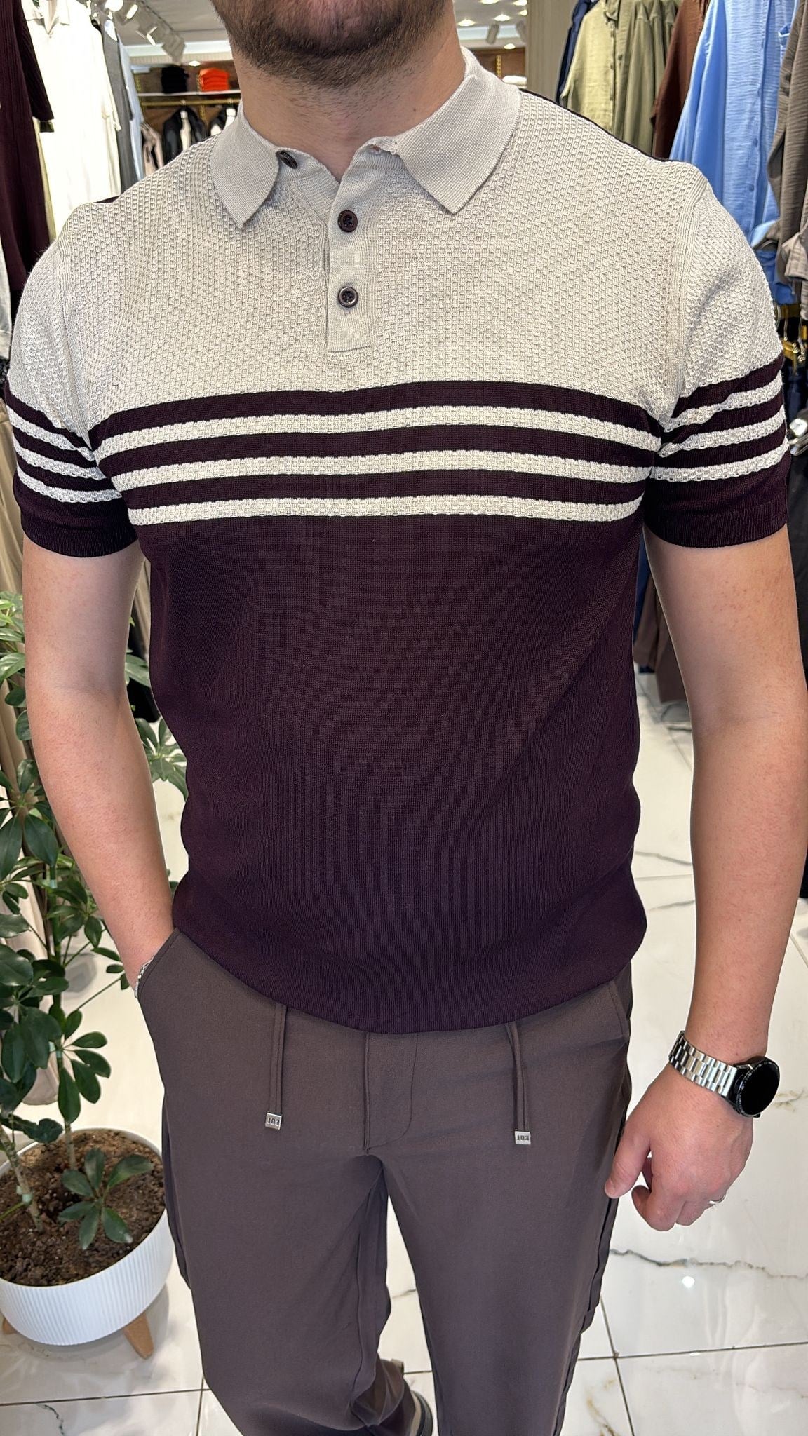 BEJ-MÜRDÜM ÇİZGİLİ TRİKO T-SHIRT
