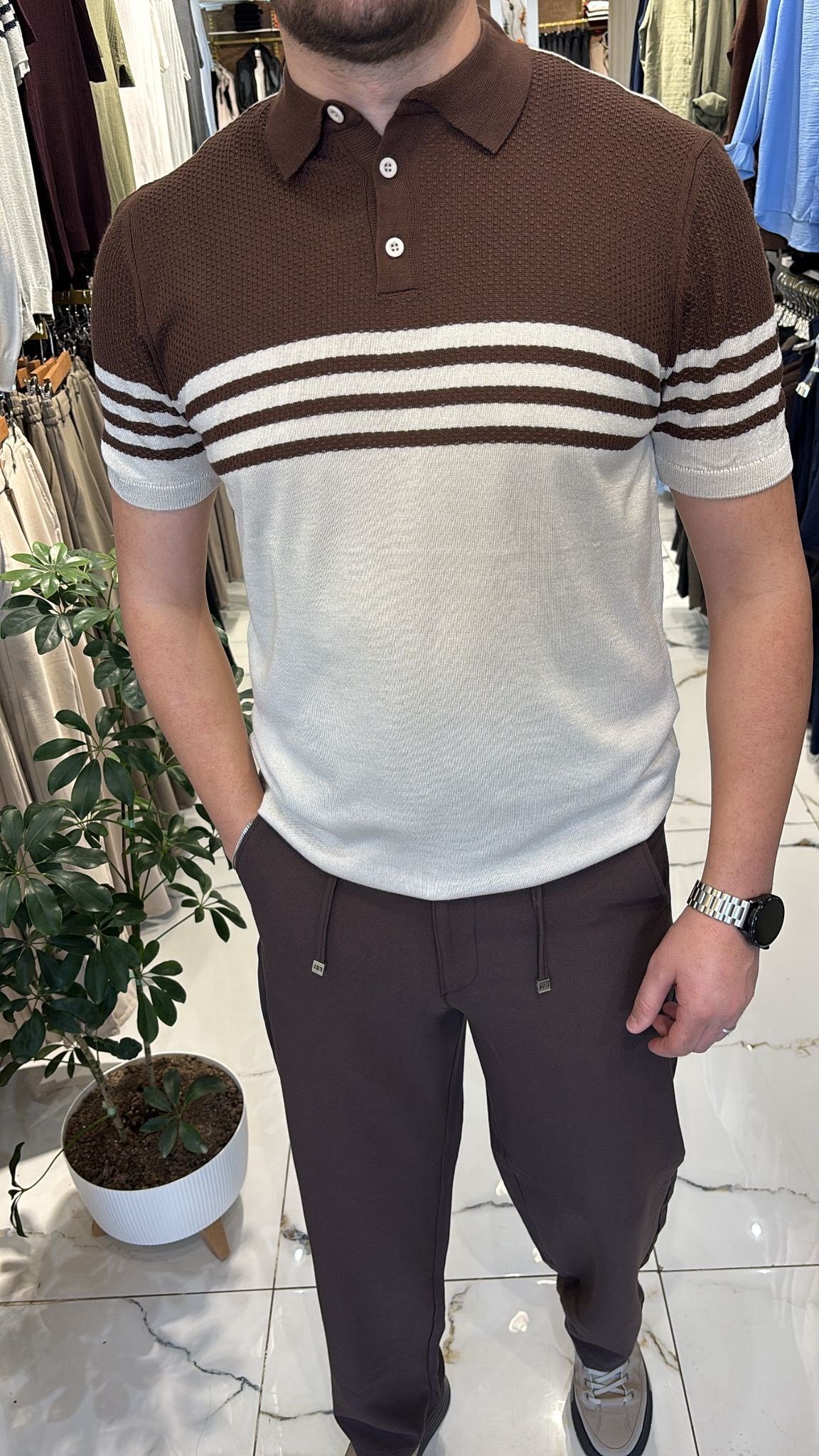 KAHVE-BEJ ÇİZGİLİ TRİKO T-SHIRT