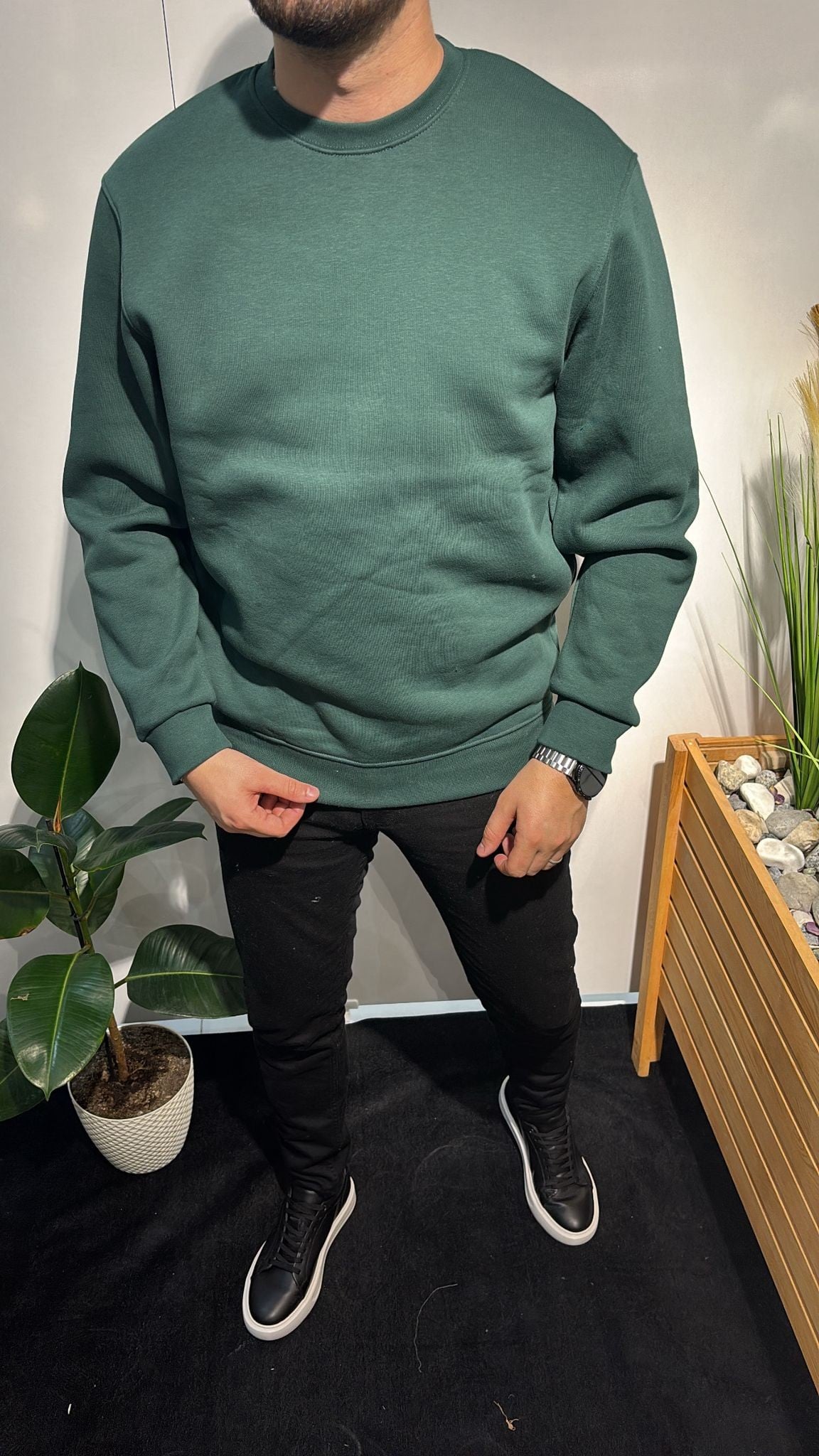 KOYU YEŞİL BASKISIZ SWEATSHIRT