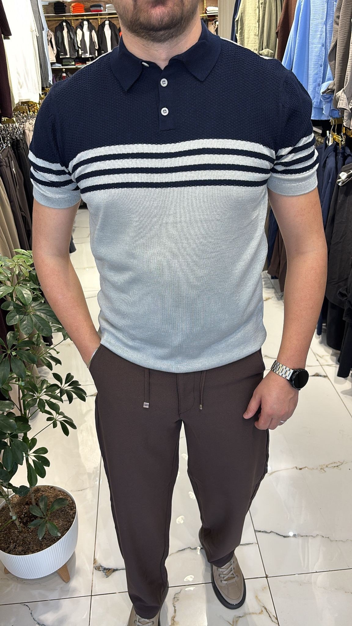 LACİVERT-GRİ ÇİZGİLİ TRİKO T-SHIRT
