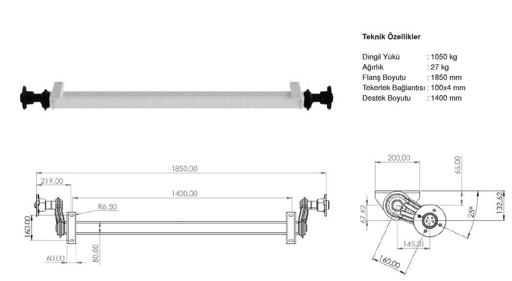 JARUP 1050 kg Torsiyonlu Aks Frensiz Dingil 1400 mm   4X100  4 BİJON.