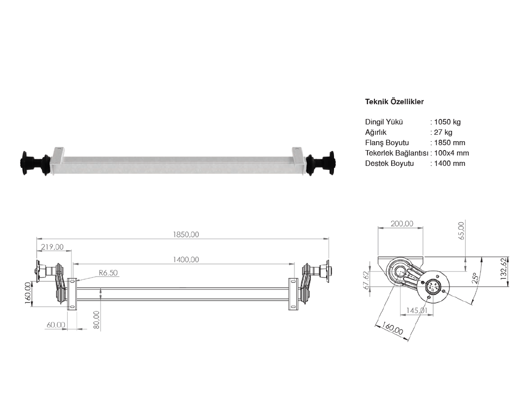 JARUP 1050 kg Torsiyonlu Aks Frensiz Dingil 1400 mm   4X100  4 BİJON.