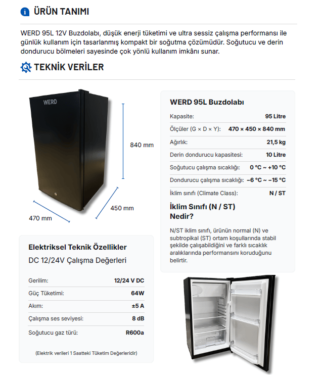 Werd 12/24 Volt 95 Litre Karavan Buzdolabı Kilitli Kapı ve Kapı yönü değişir