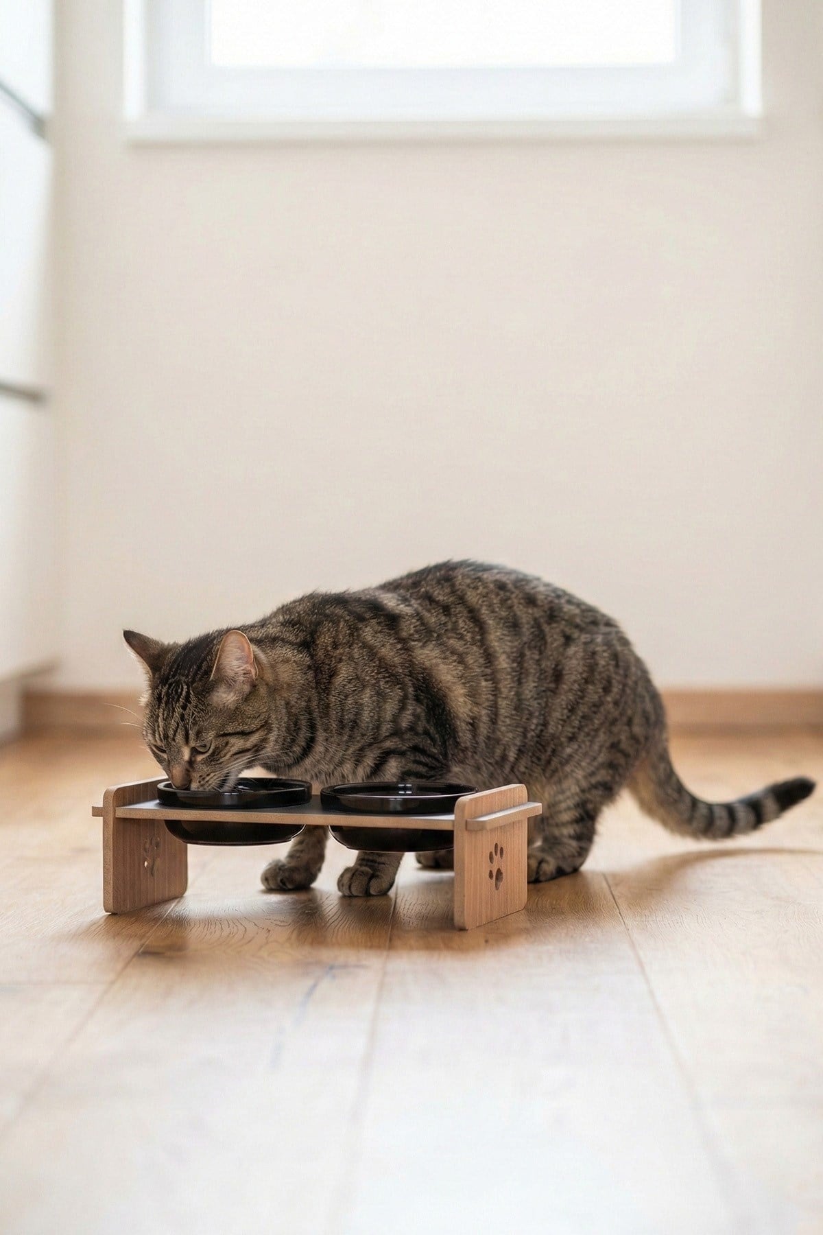 Ahşap Standlı Seramik Kaseli Kedi Ve Köpekler İçin Mama-Su Kabı Antrasit