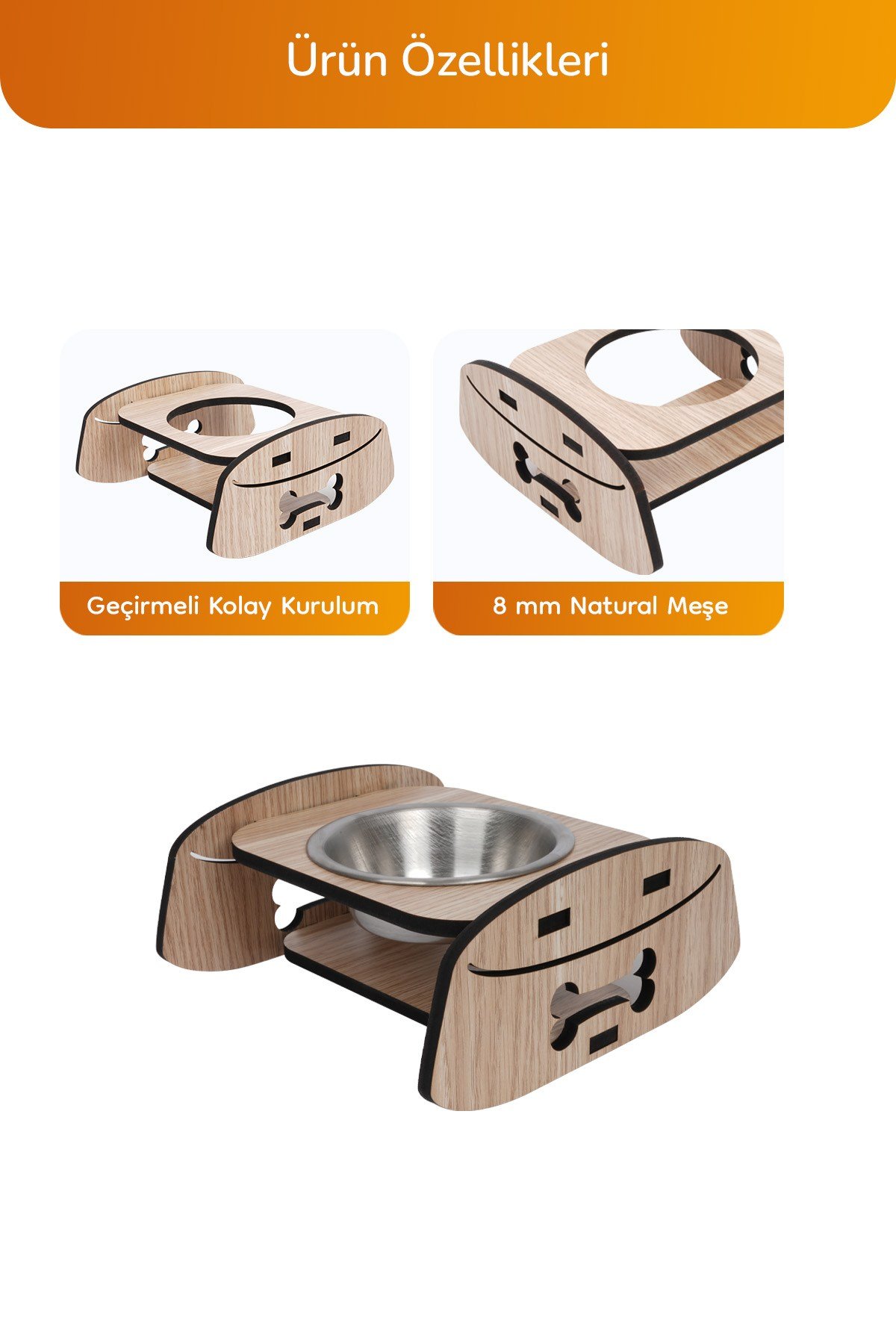 Ahşap Standlı Tekli Küçük-Orta Irk Köpek ve Kediler İçin Mama Veya Su Kabı