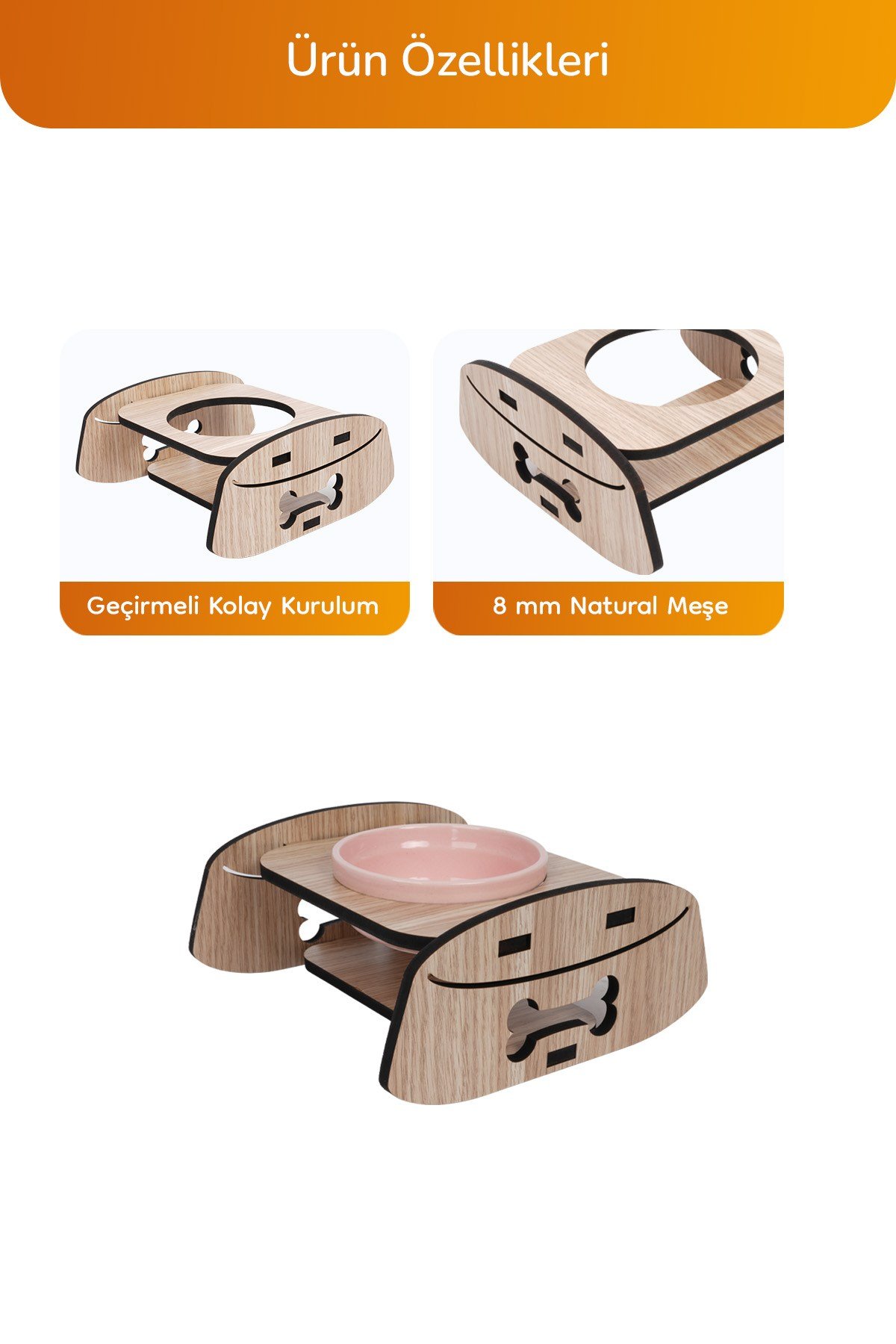 Ahşap Standlı Tekli Küçük-Orta Irk Köpek ve Kediler İçin Mama Veya Su Kabı