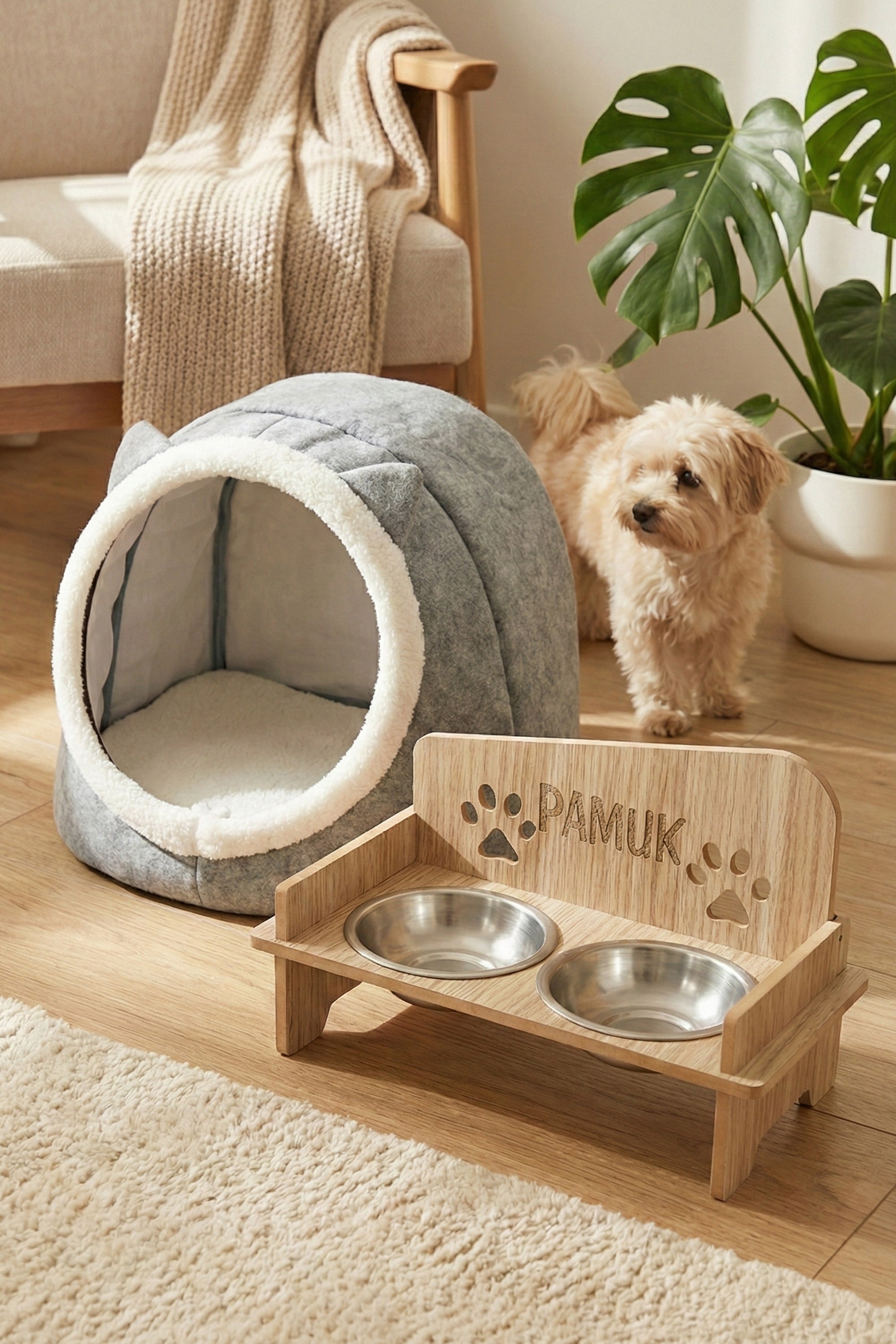 İsim Yazılabilir Kare Mama Kabı Ve Keçe Kedi ve Küçük Irk Köpek Evi Seti Gri