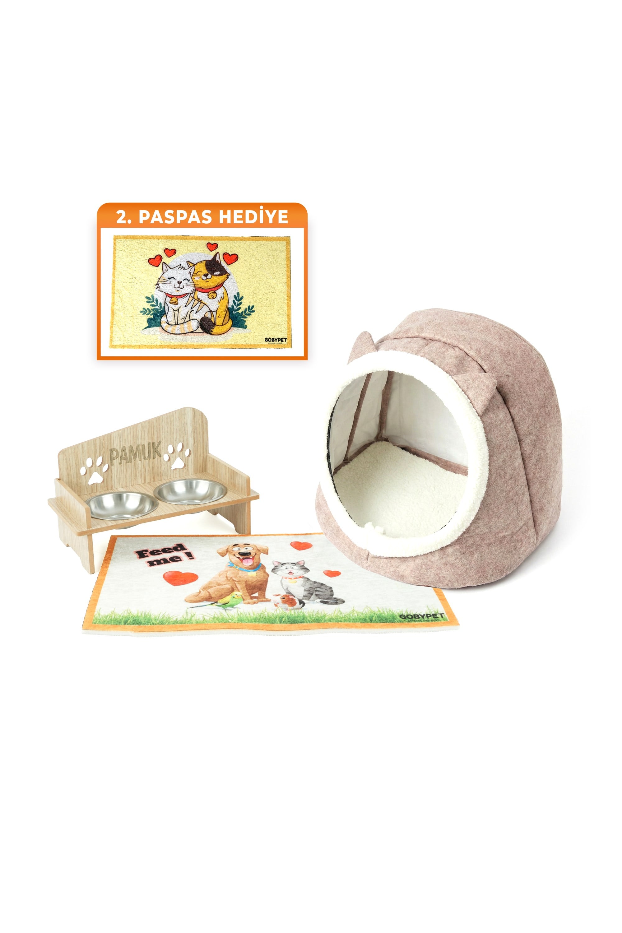 İsim Yazılabilir Kare Mama Kabı Ve Keçe Kedi-Küçük Irk Köpek Evi Seti Bej