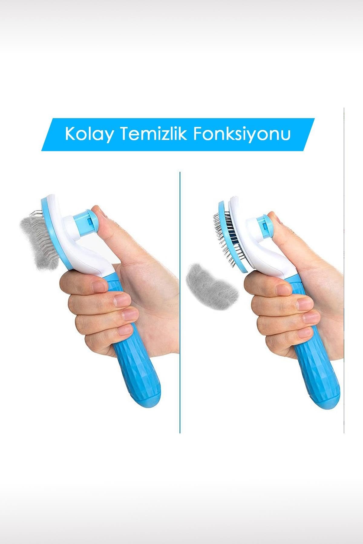 Otomatik Temizlenen Tuşlu Evcil Hayvan Fırçası Kedi Köpek Tüy Toplayıcı Tarak Mavi