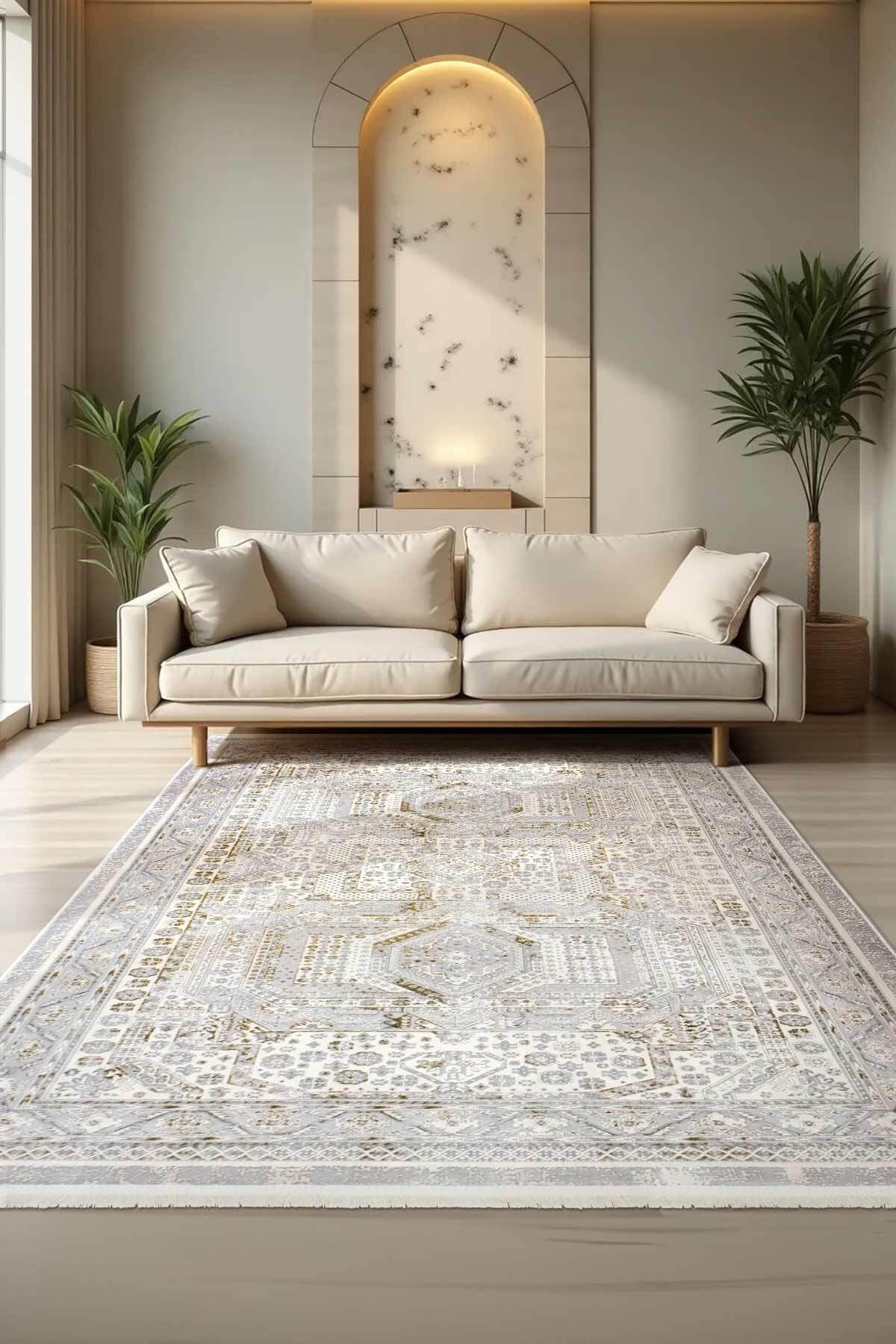 Serina Kadife Dokuma Halı | Kaymaz Tabanlı | Makinede Yıkanabilir | Modern Halı | Gold |SRN01