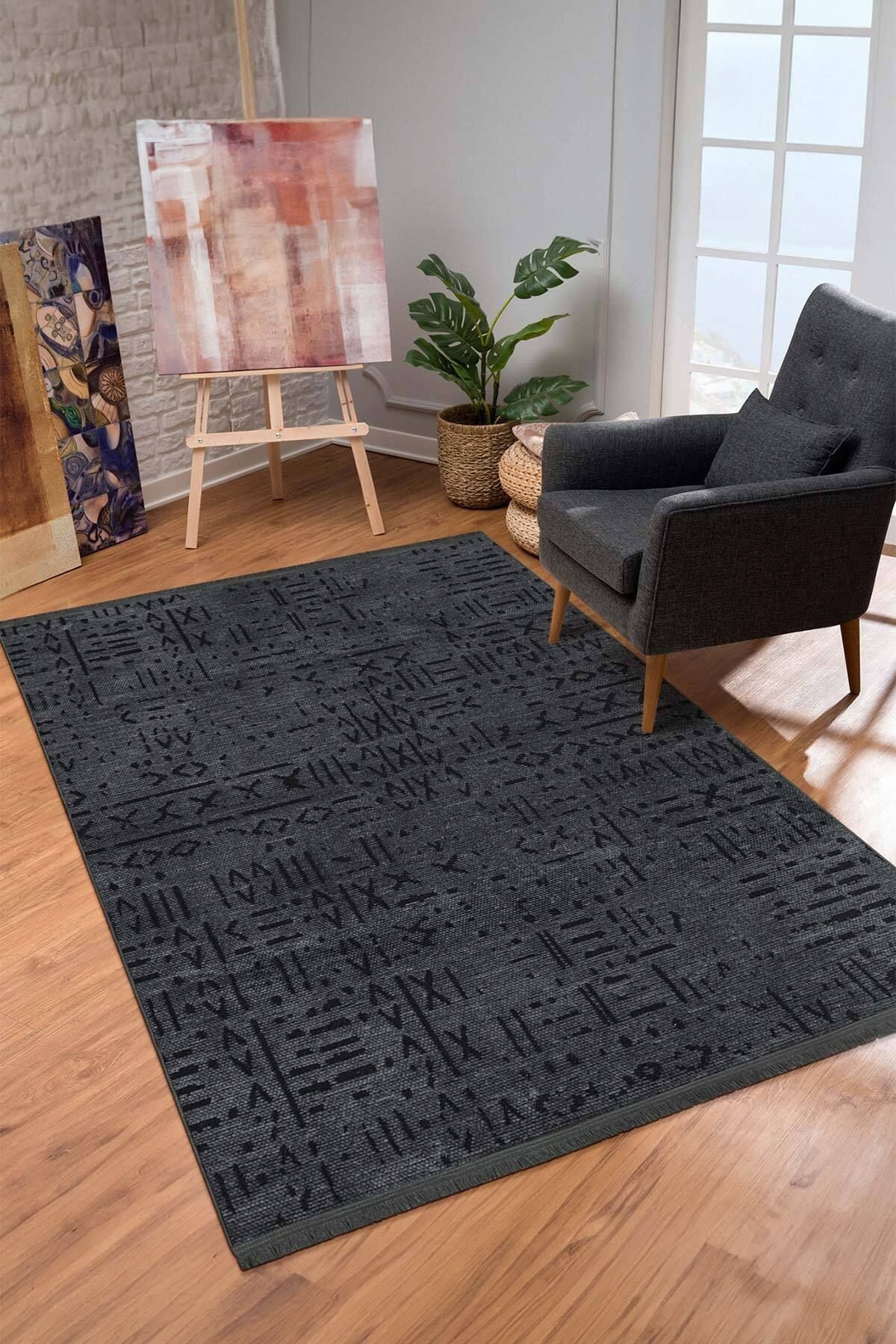Sierra Şönil Dokuma Halı |Kaymaz Tabanlı Makinede Yıkanabilir Halı |Modern Salon Halı|Antrasit|SIE02