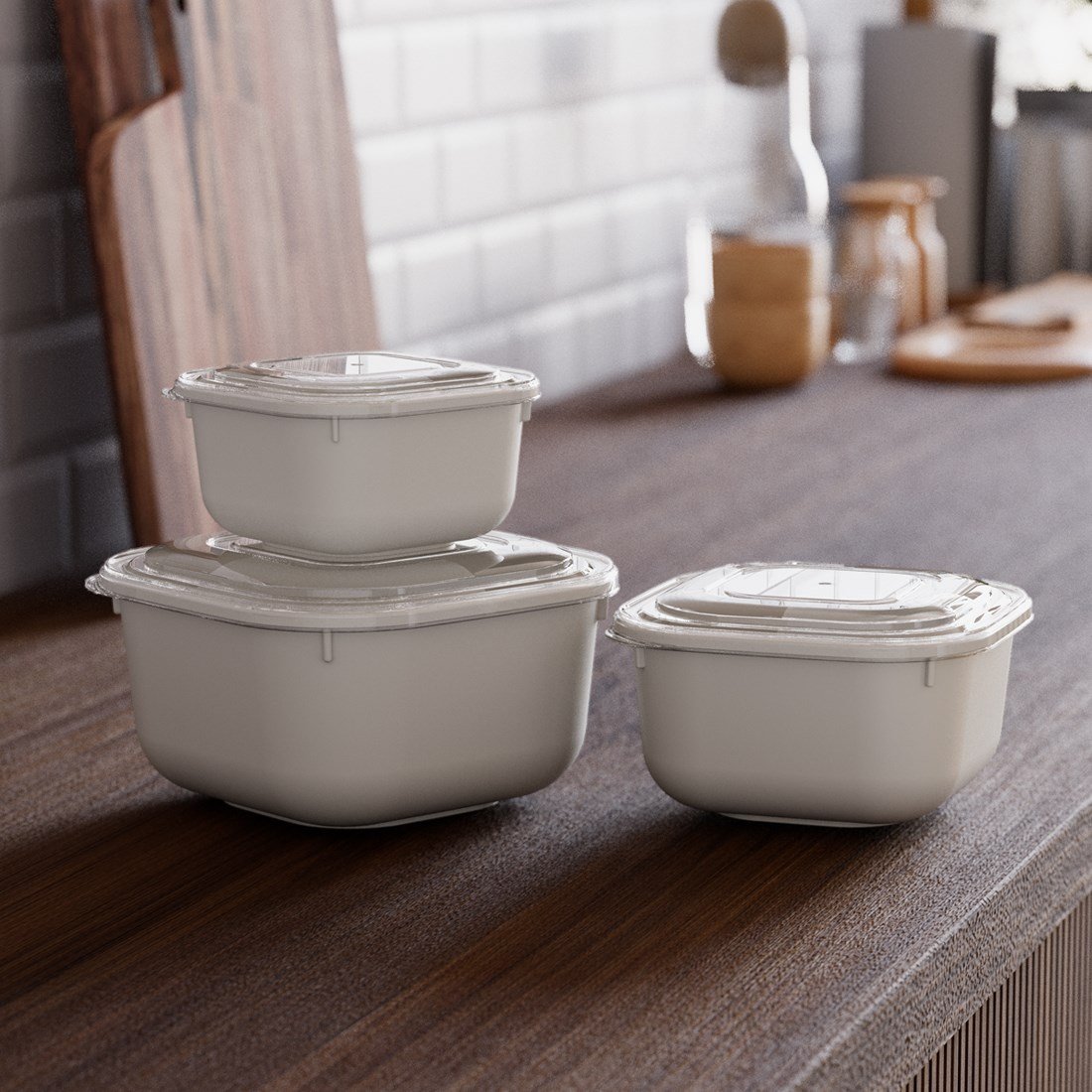 3 Parça Snap Lid Kare Set (600-1100-1800 ml)