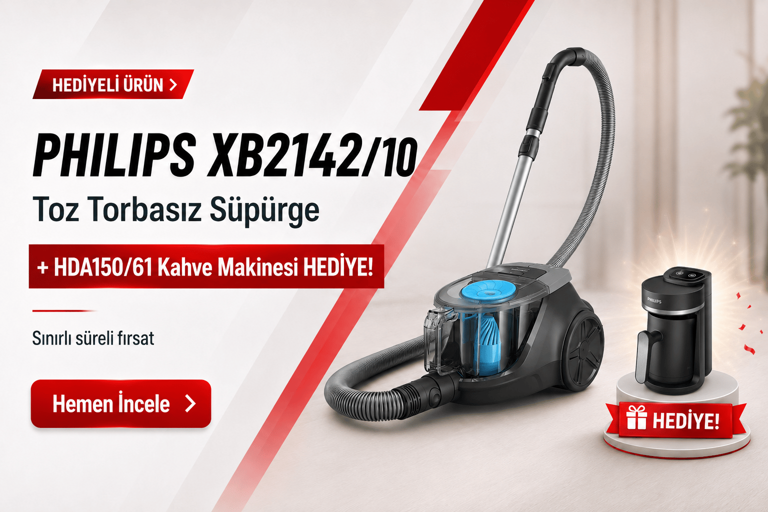 PHILIPS XB2142/10 Toz Torbasız Süpürge + HDA150/61 Kahve Makinesi Hediyeli