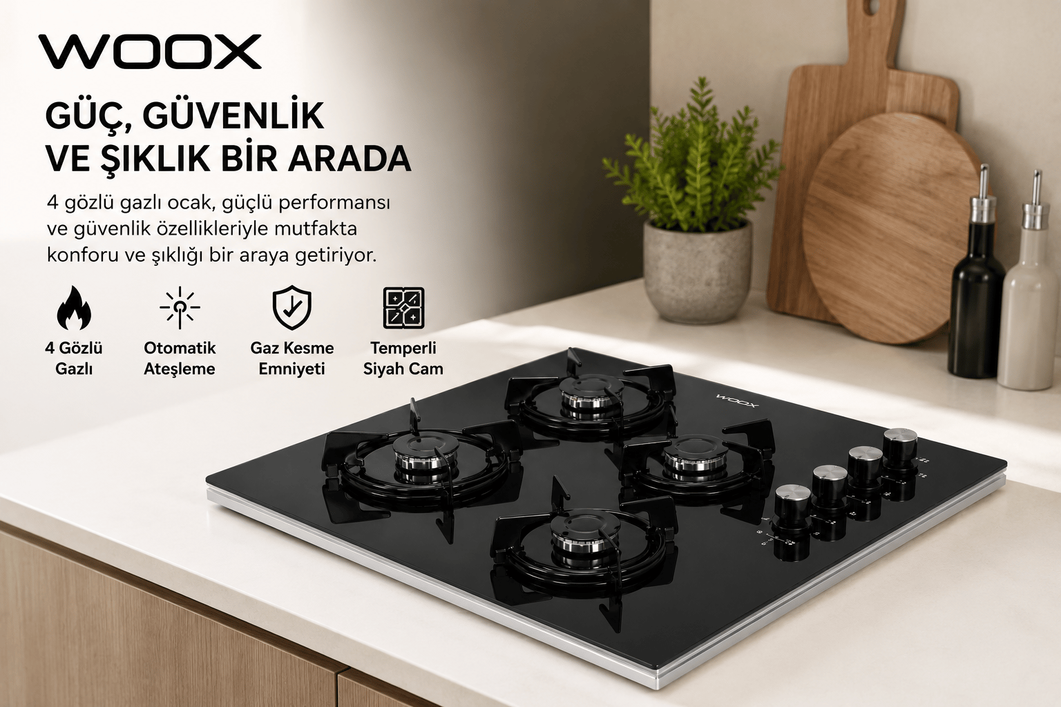 WOOX 1330.02 Siyah Cam Set Üstü Ocak