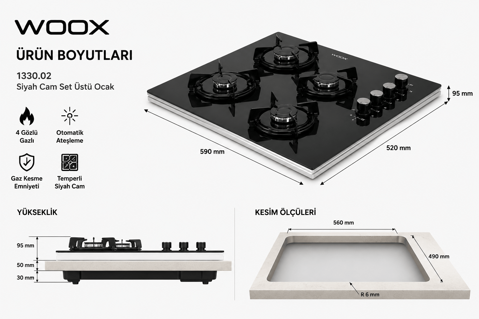 WOOX 1330.02 Siyah Cam Set Üstü Ocak