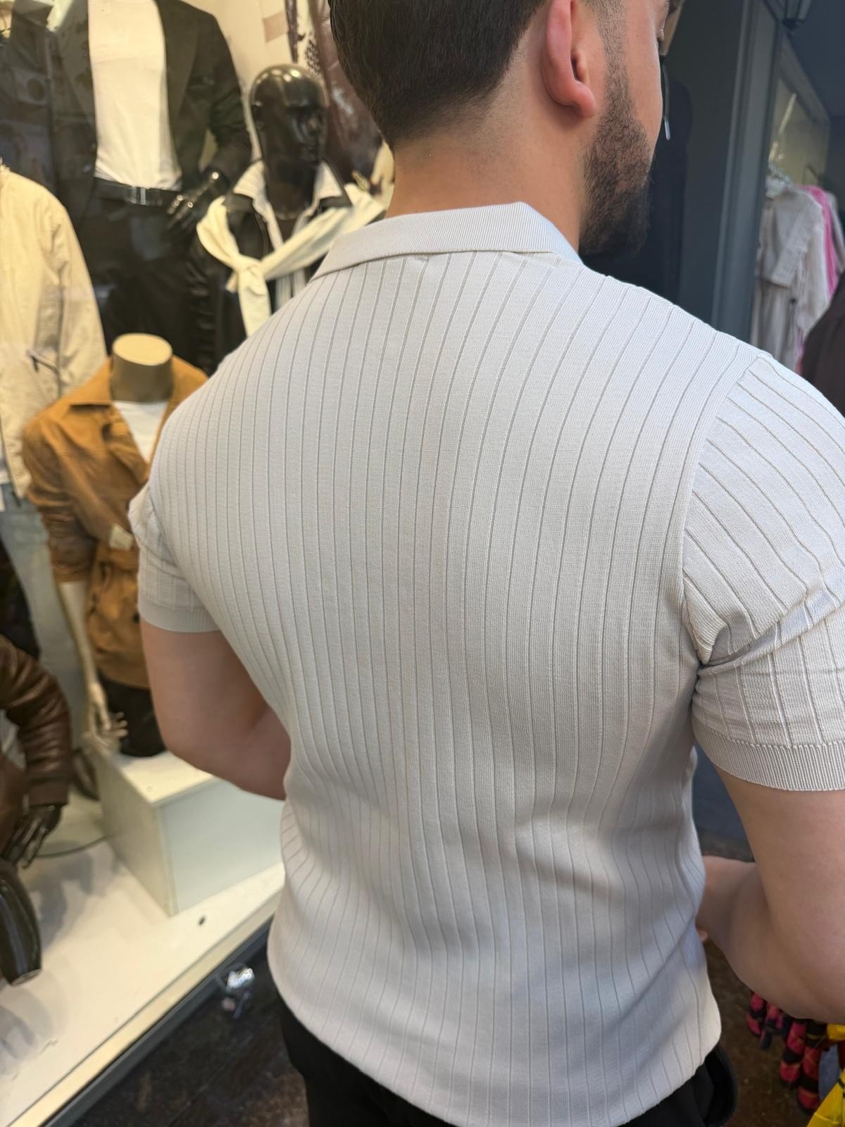 yarı fermuarlı beyaz çizgili tshirt