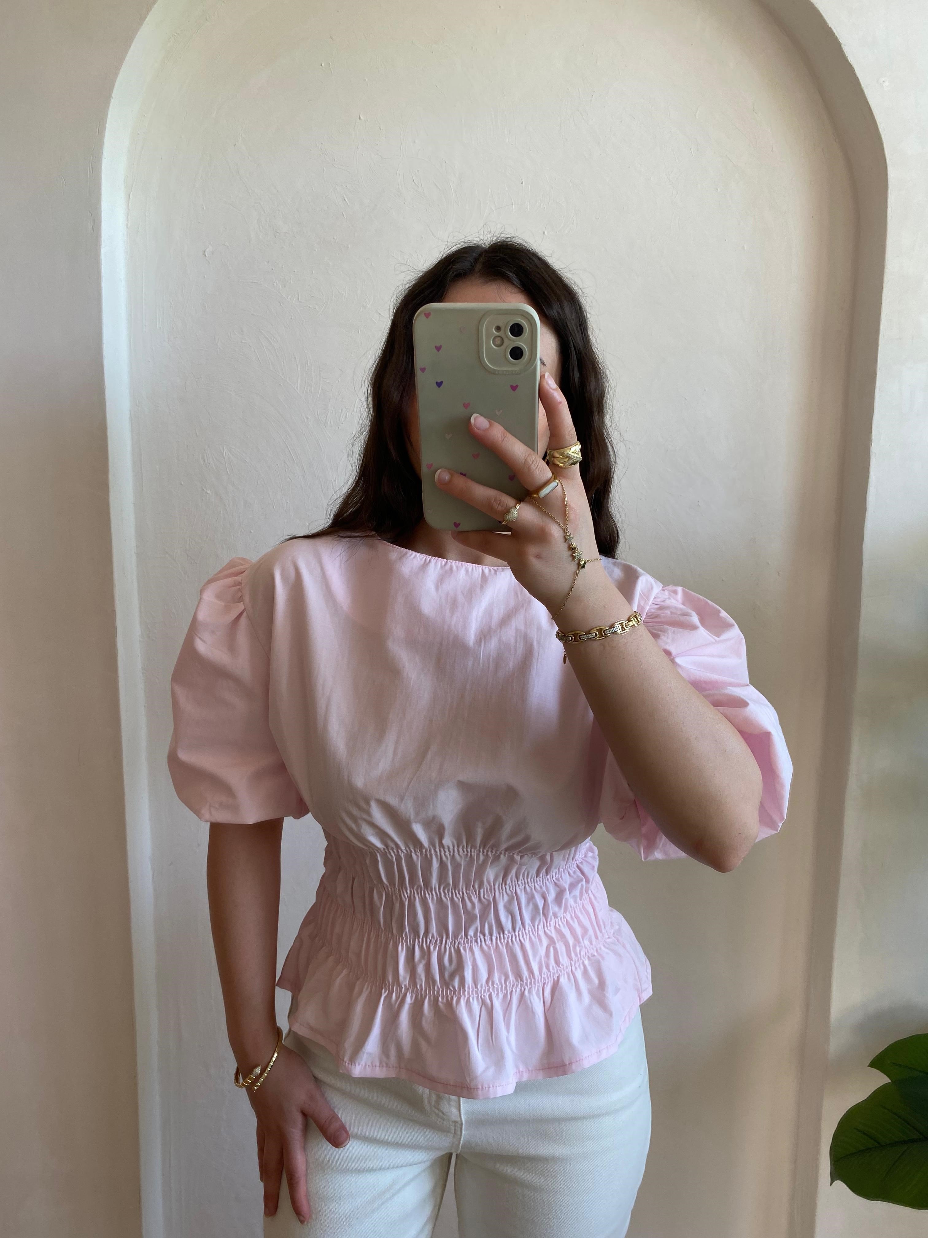 Balon Kol Gipeli Pembe Bluz