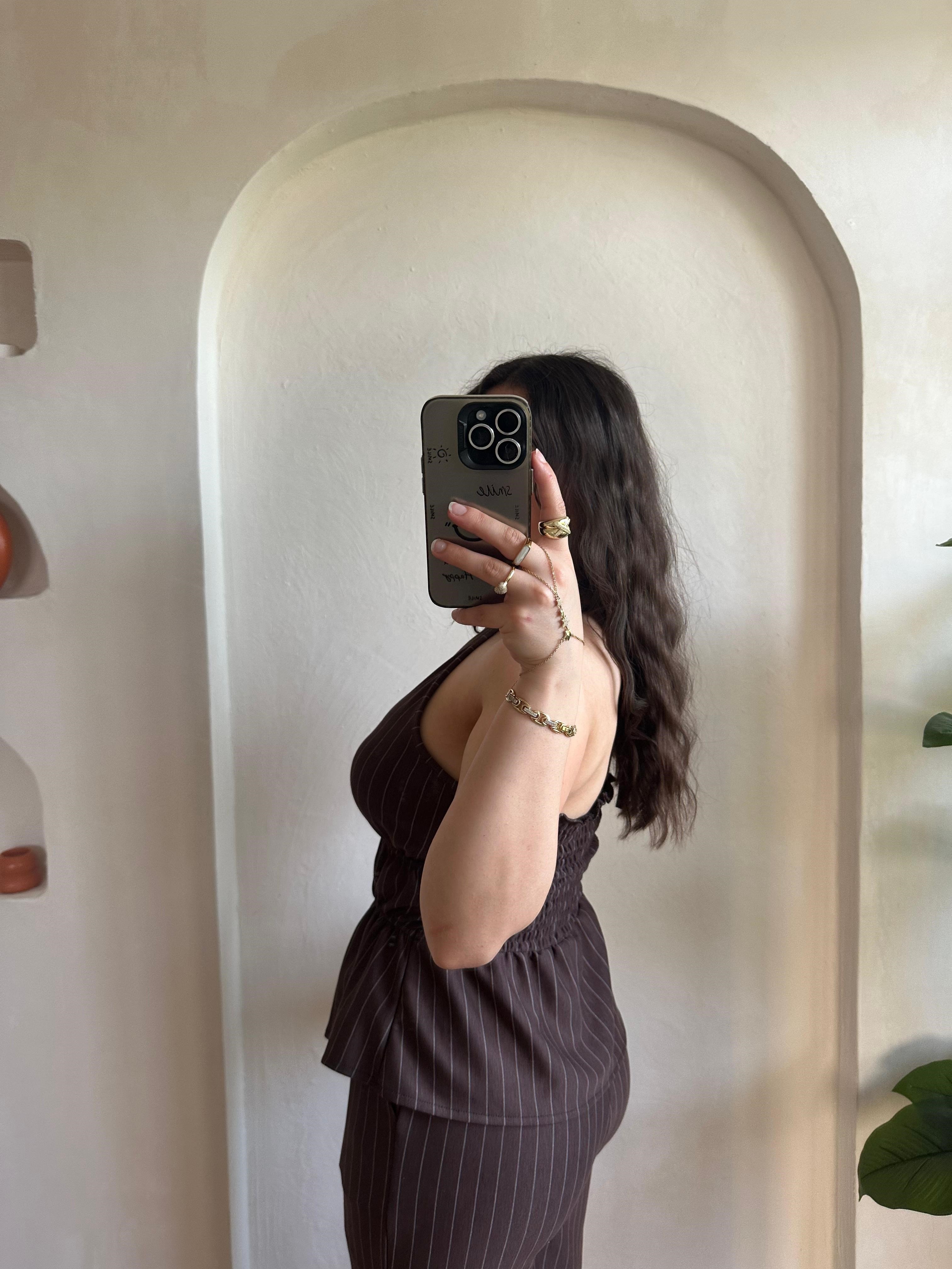 Çizgili Halter Yaka Bağlamalı Takım