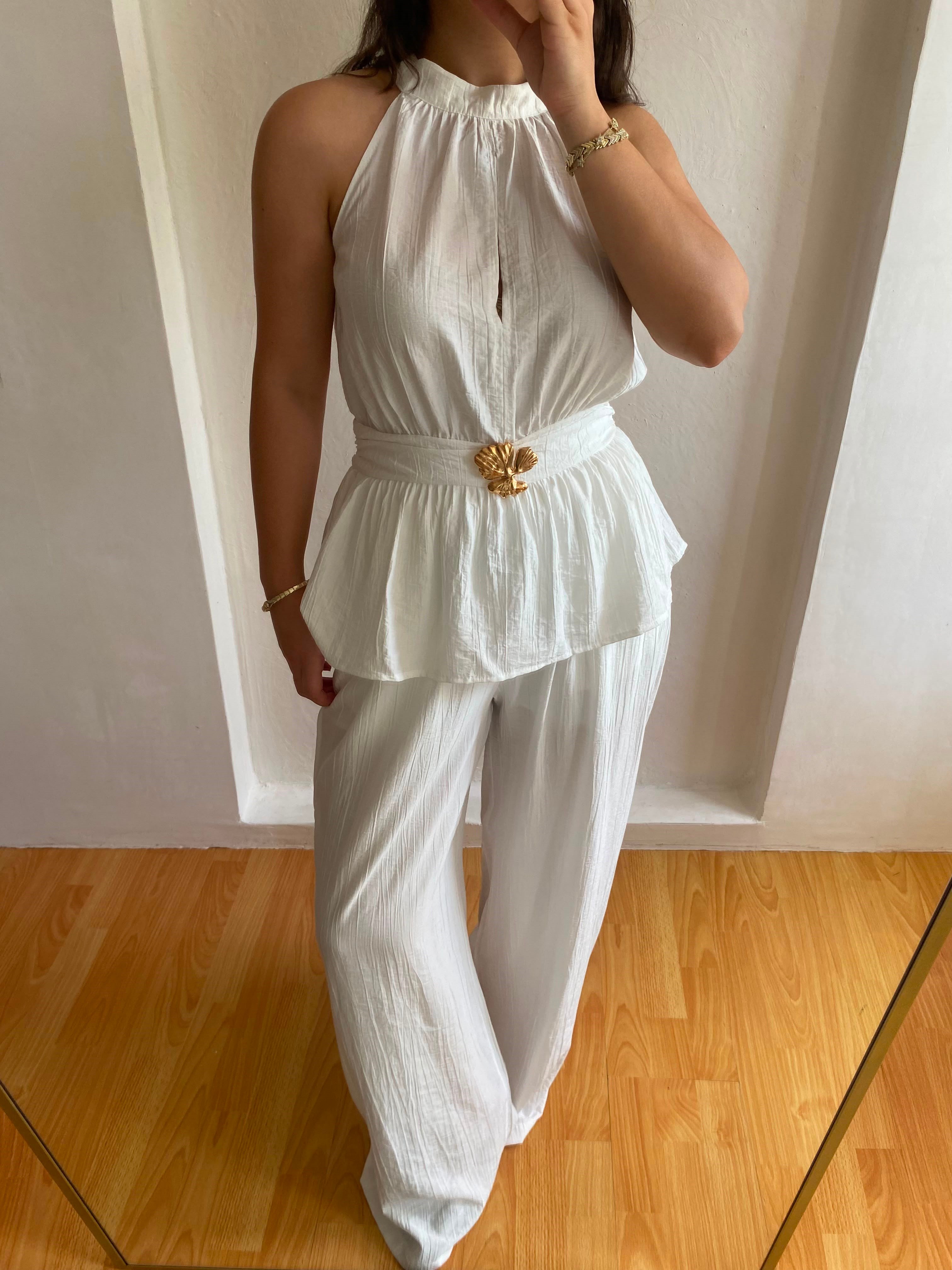 Halter Yaka Aksesuarlı Beyaz Takım 